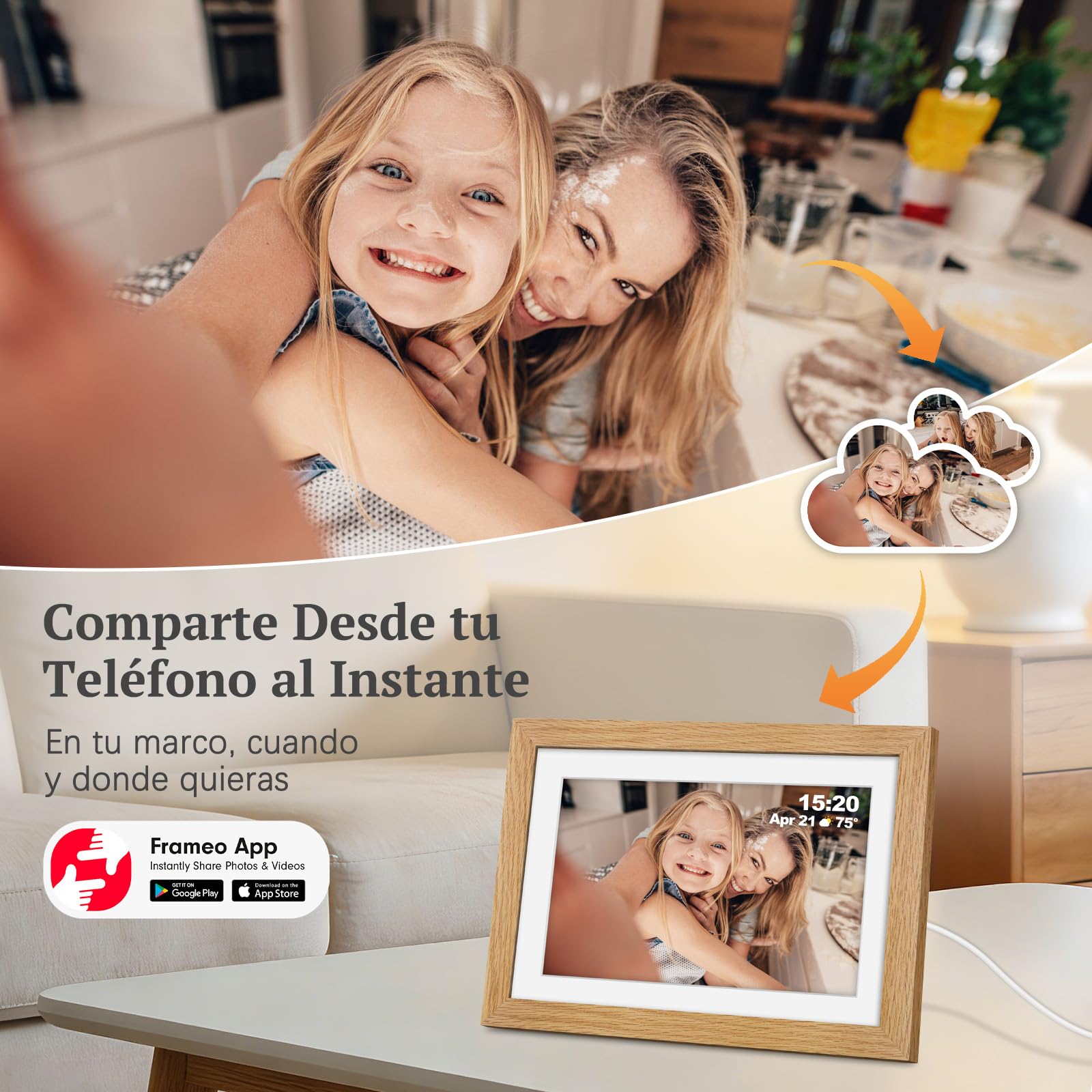 Marco de Fotos Digital WiFi Madera de Roble con 32GB Memoria, Marco Digital 10.1" con Pantalla Táctil IPS HD de 1280 * 800, Comparte Fotos/Videos a Través de la App Frameo, Regalos para Mujer Hombre