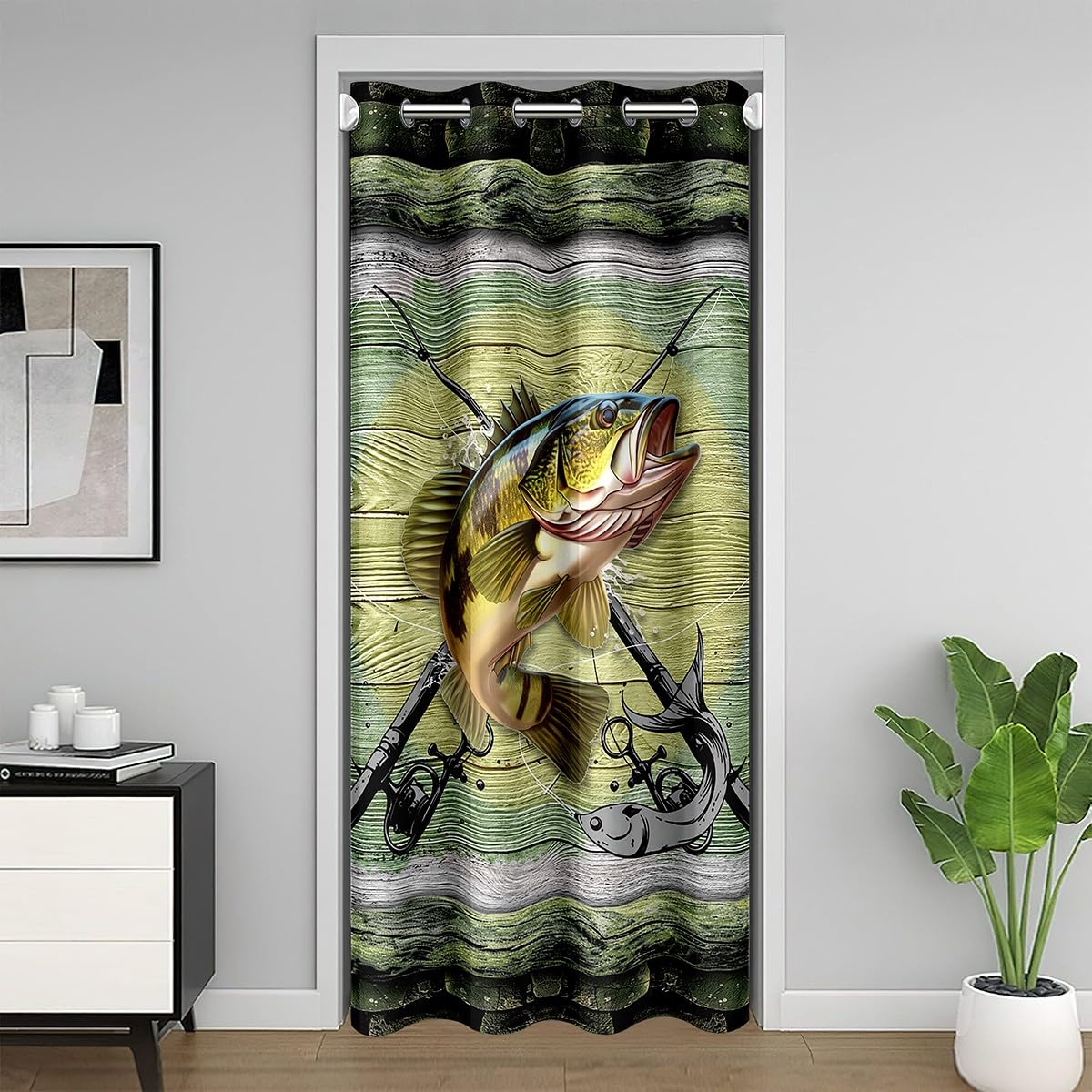 Loussiesd Fishing and Hunting Door Curtain for Doorway Privacy 150x203cm 1 Panel,Pike Fish Closet Door Cover Curtain for Living,Bass Big Fish 30%-50% Darkening Blackout Curtain Rustic Wooden Green โ image 1