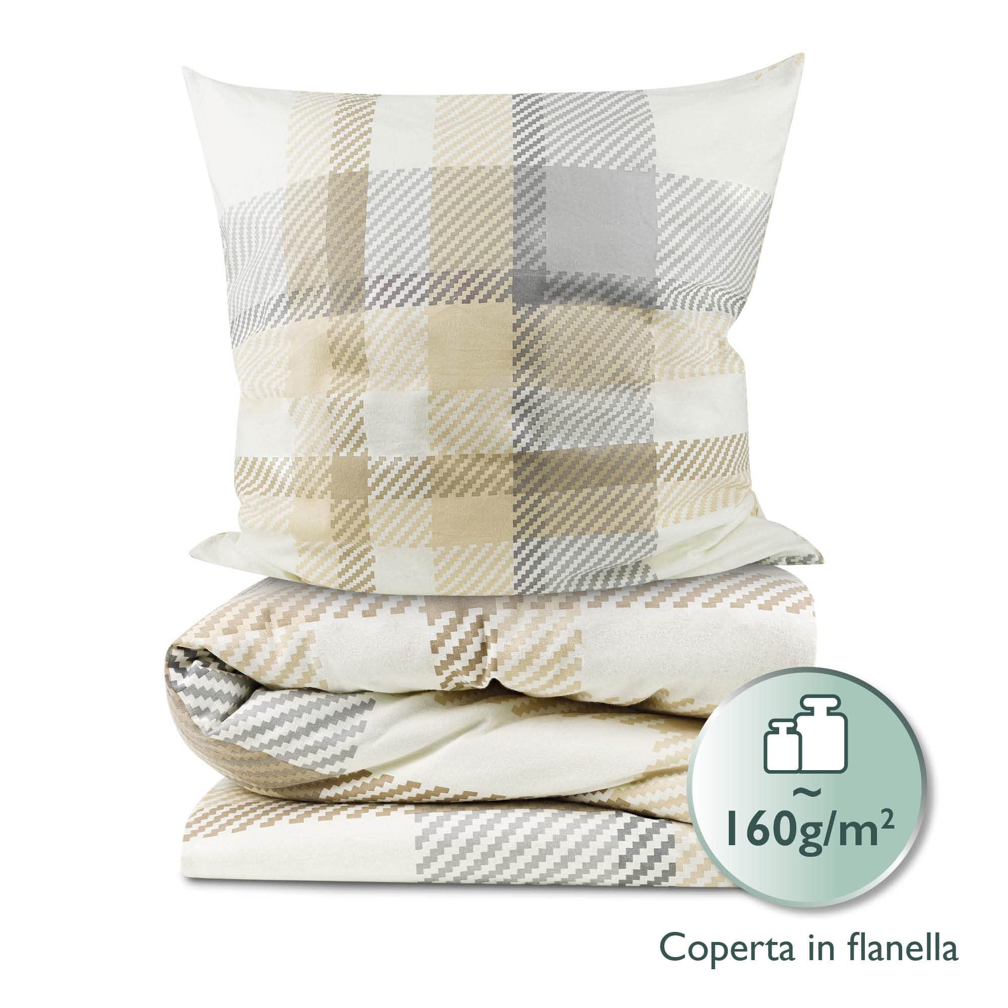 Beautissu Set da 2 Copripiumino in flanella 100% cotone Biancheria Federa | 135x200 beige con Cuscino 80x80 Singolo dotato di cerniera Letto invernale molleton lenzuola Mira