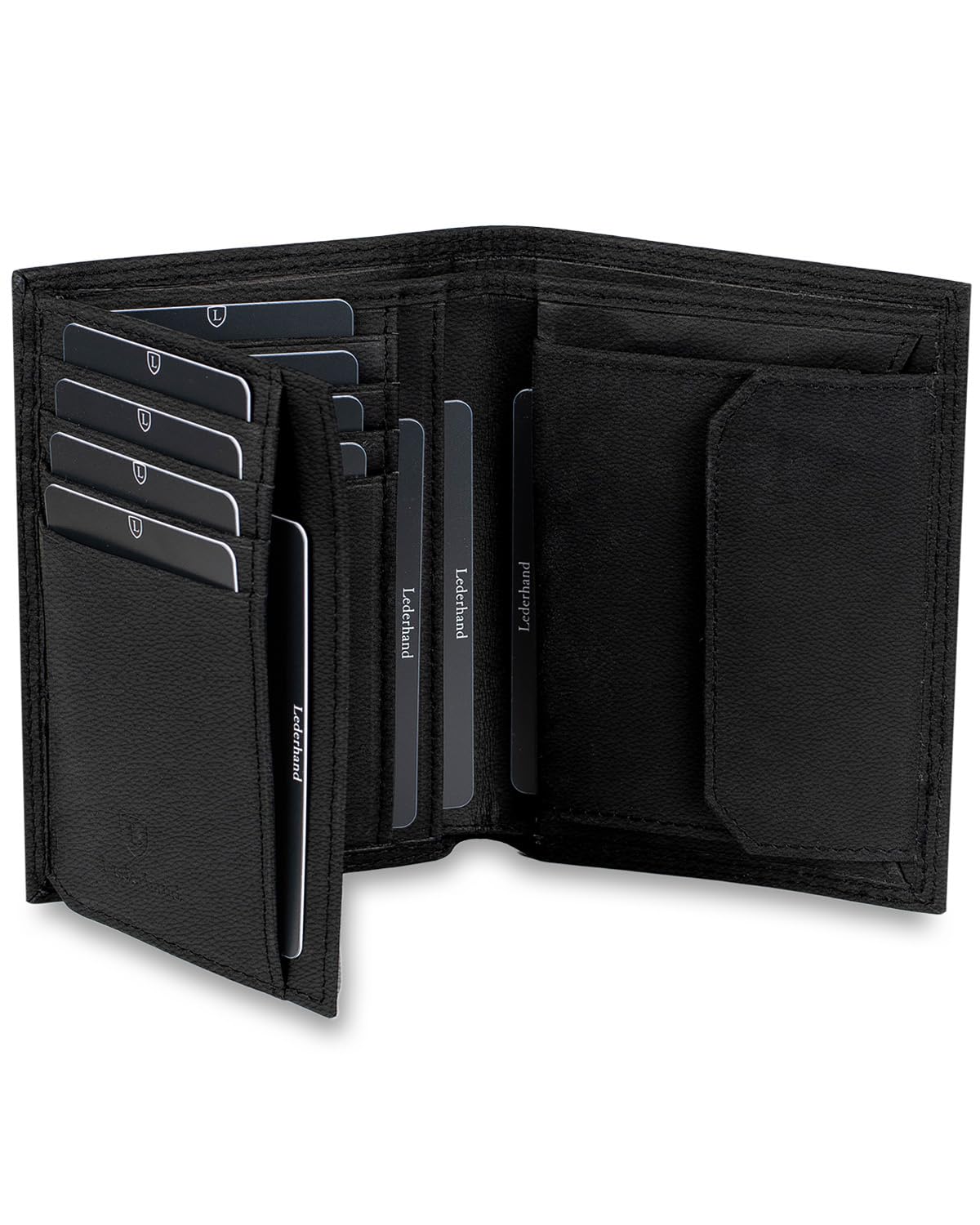 Lederhand iClassy Hochformat - Echtleder Geldbörse handgemacht und doppelt genäht Portemonnaie mit Münzfach und Platz für 13 Karten + 1 Sichtfach - Geschenk | (Schwarz Nappa)