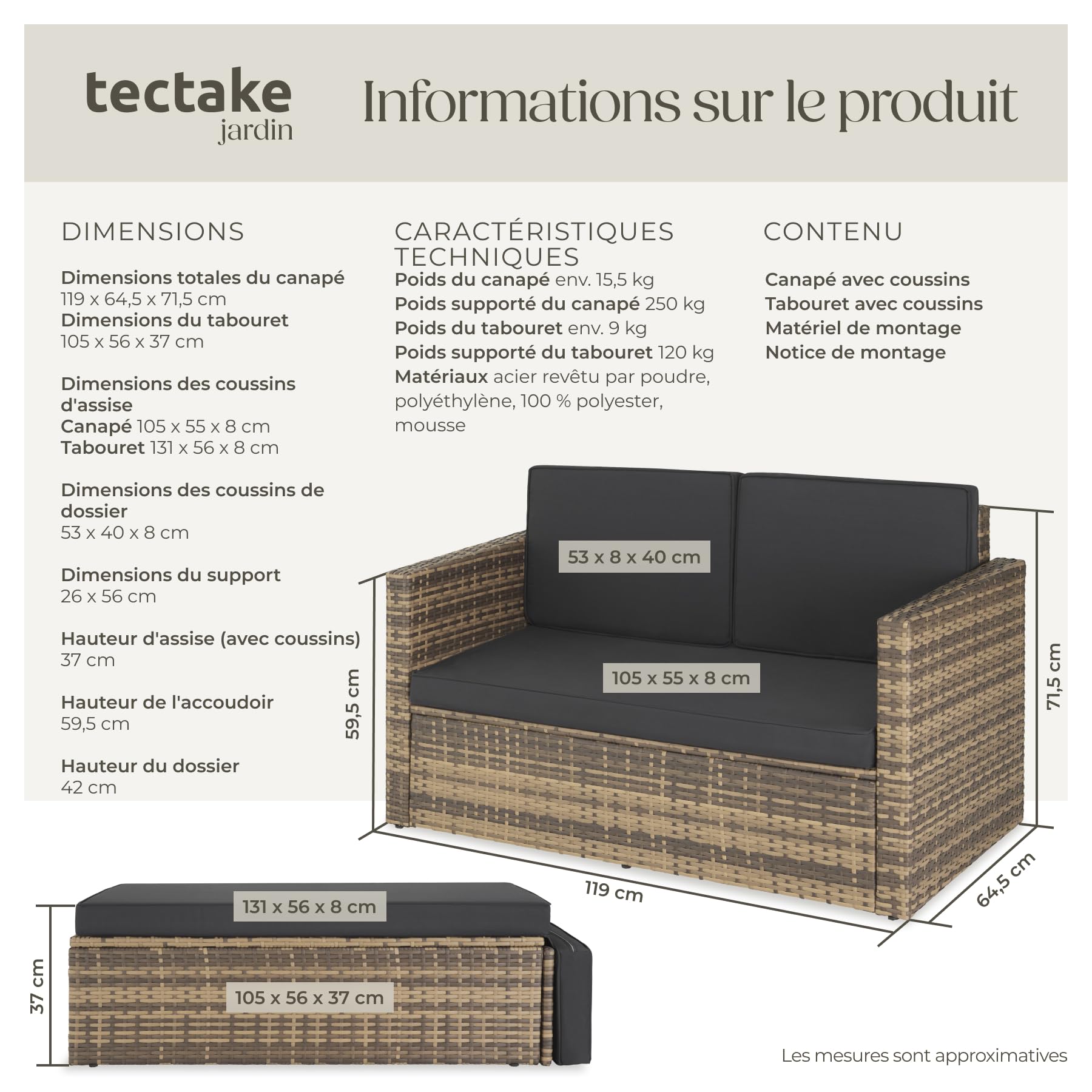 Tectake Salon de Jardin Poly Rotin Modulable Bain de Soleil 2 Places 1 Canapé 1 Tabouret Pouf Repose-pieds Inclinable