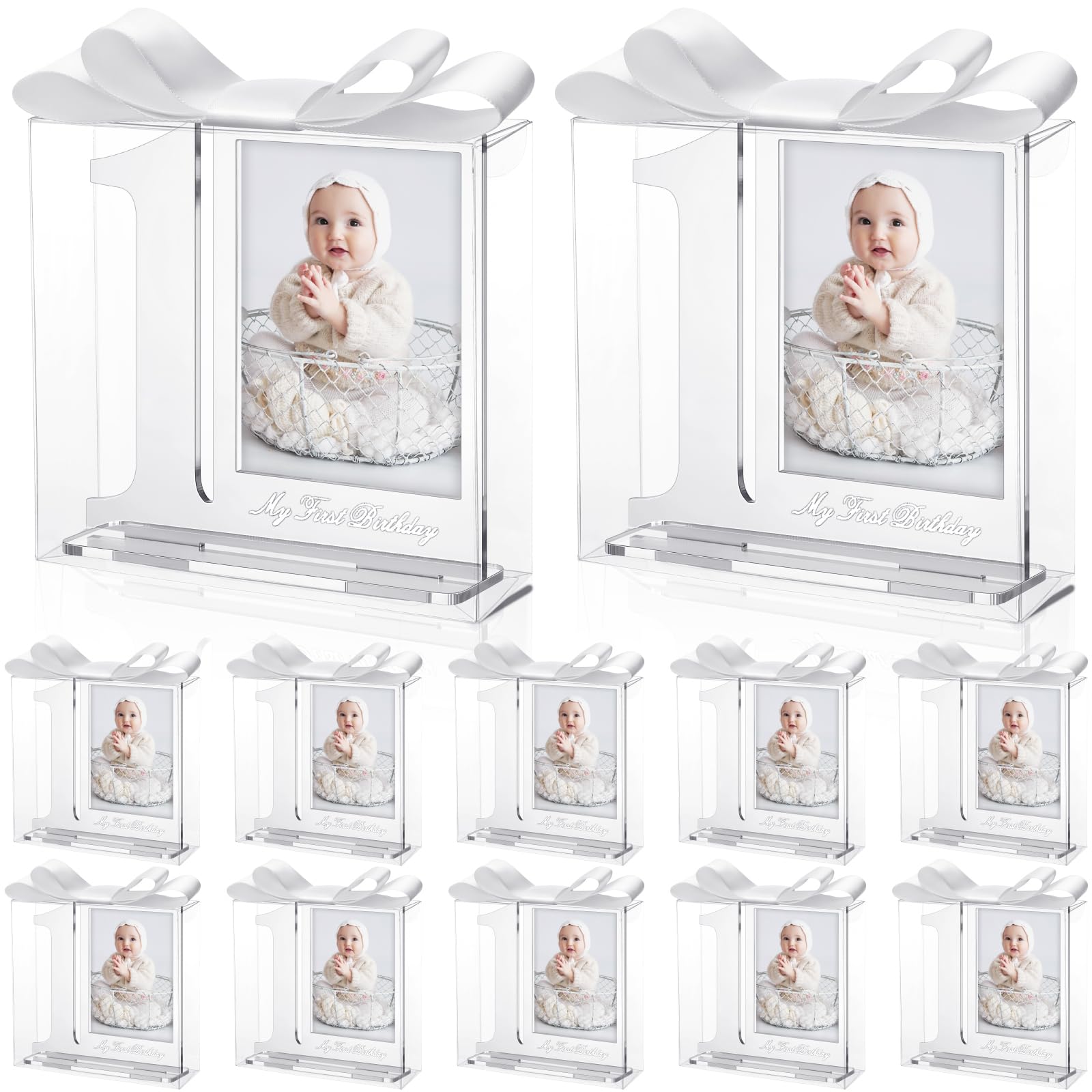 12 Set My 1st Birthday Party Favors Supplies First Birthday Photo Frame First Anniversary Decoration with Clear Plastic Crystal Boxes and Satin Ribbon Bows Set Souvenir Return Gift for Party Guests-image-27