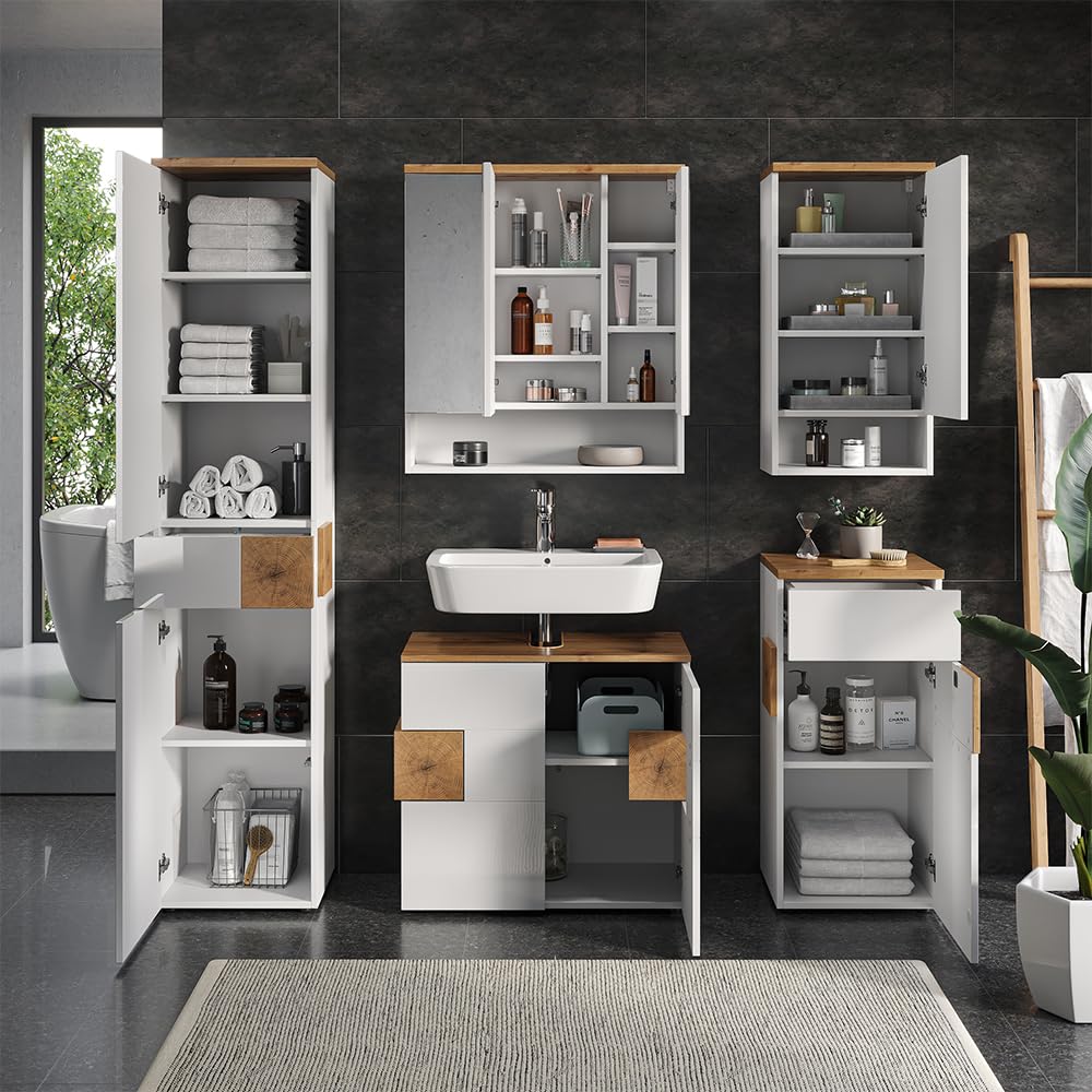 Vicco Badmöbel-Set Eden, Weiß Hochglanz, 73 cm, besteht aus Waschbeckenunterschrank, Spiegelschrank, Hochschrank, Midischrank und Hängeschrank