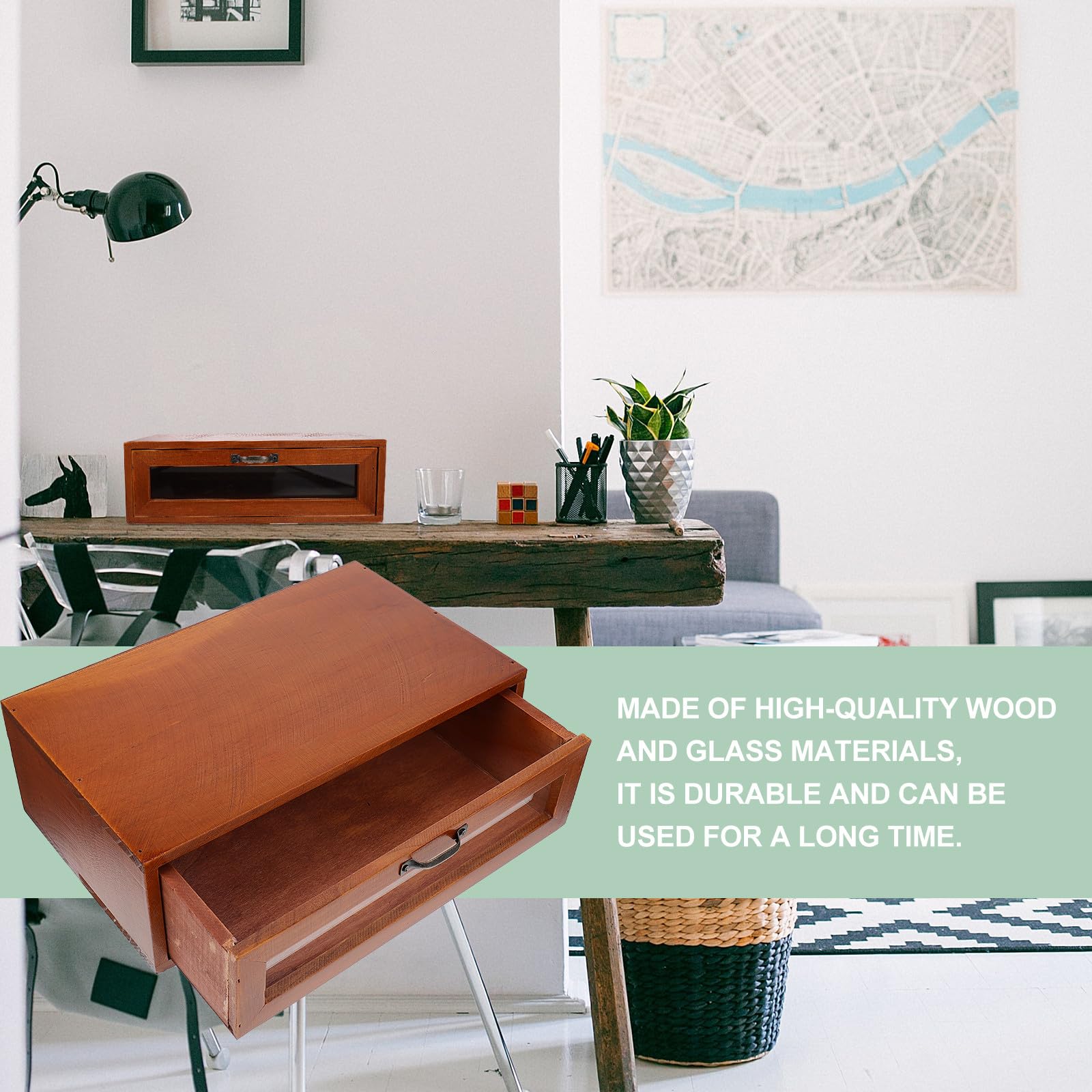 Ipetboom Organizer da Scrivania Cassetto Portaoggetti e Supporto per Monitor in Legno e Vetro Stile Retrò Marrone, per Ufficio e Decorazione Desktop