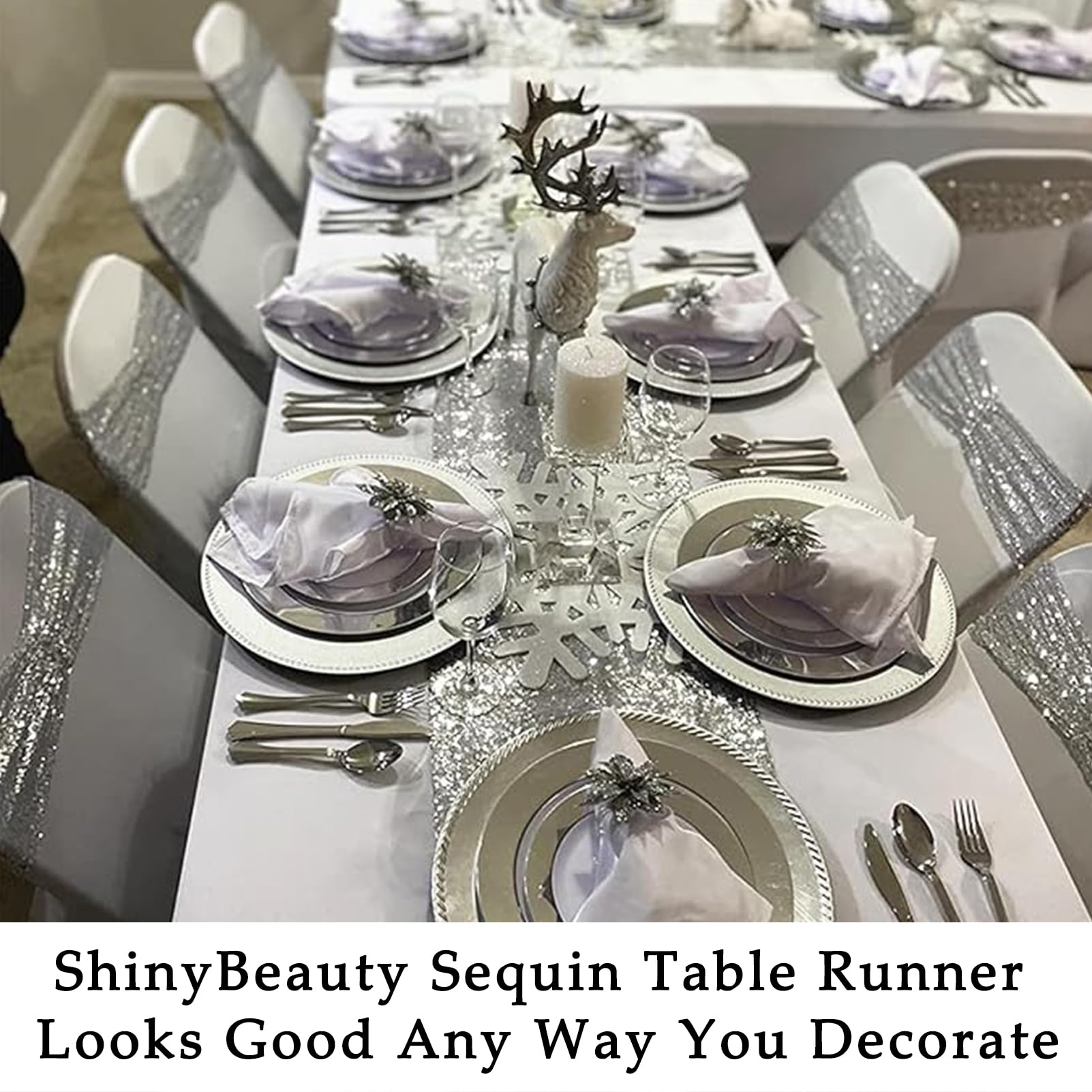 Tovaglia Decorativa Con Lustrini Argentati 30x180 Cm - Con Frange Per Matrimoni E Feste - Foto 3