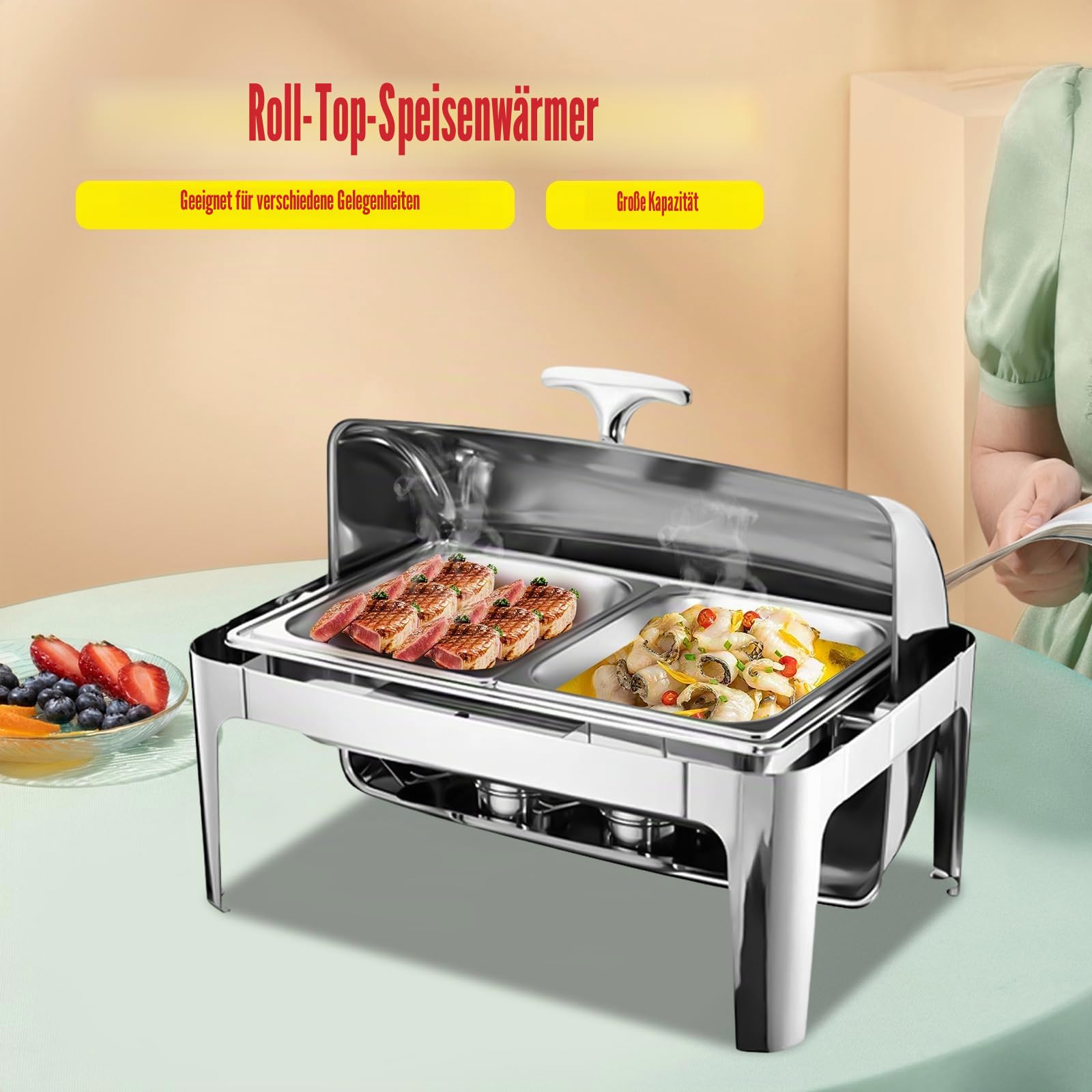 9l Edelstahl Speisenwärmer, Chafing Dish Mit Rolldeckel Speisenwärmer Warmhaltebehälter, Heizplatten Aus Rostfreiem Stahl für Catering Buffet und Party (635 X 440 X 440 mm)