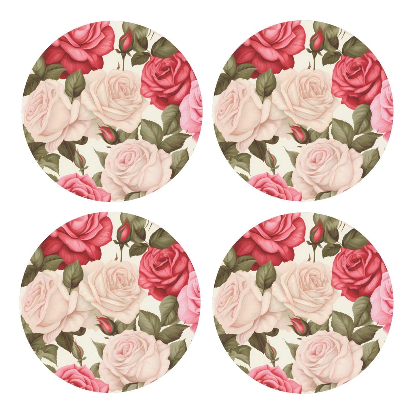 Bedbliss Pink Red Roses Floral Printed rounded Coasters for Drinks Absorbent, 4 Pack Tea Coffee Wooden Coaster Set, Lightweight and Heat-Resistant Coasters with Cork Base for Protection Home