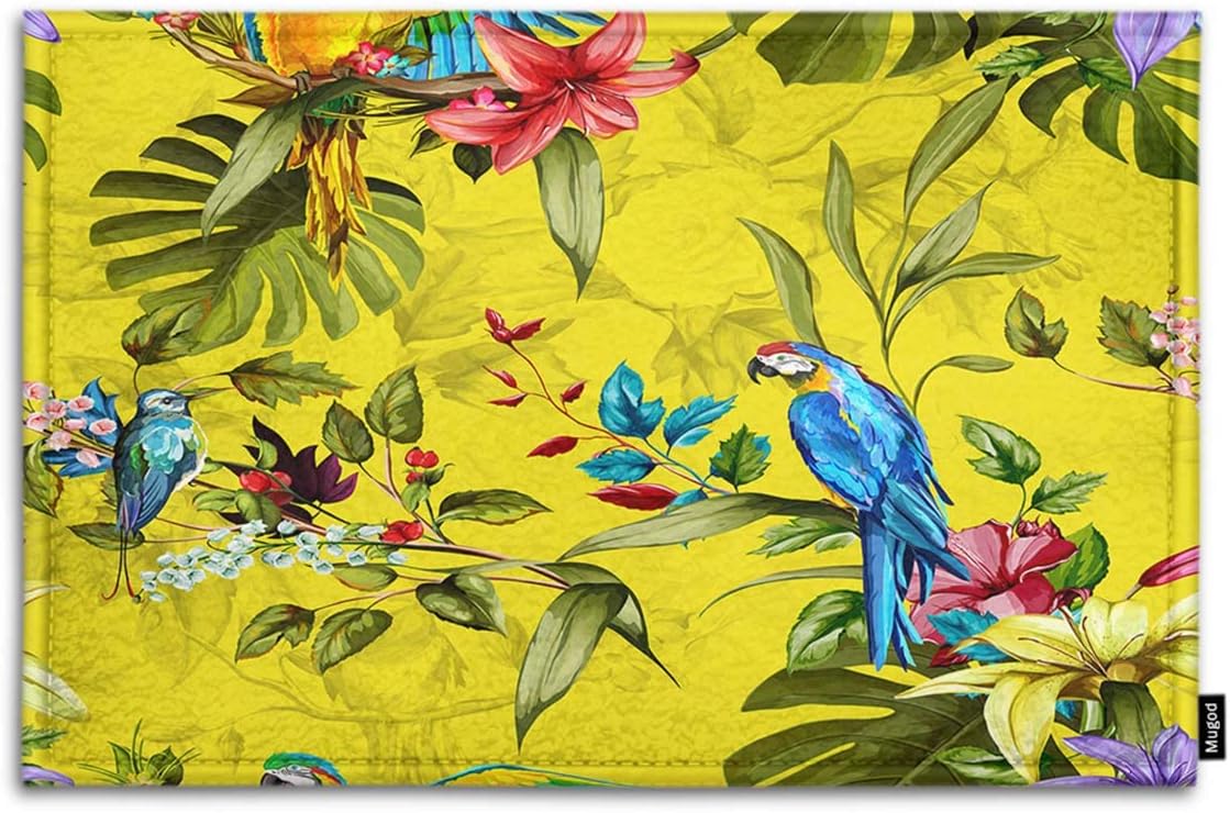Mugod Indoor/Outdoor Doormat Watercolor Parrots Humming Bird Lily Tropical Leaves and Branches on Yellow Funny Doormats Bathroom Kitchen Decor Area Rug Non Slip Entrance Door Floor Mats, 15.7" X 23.6"