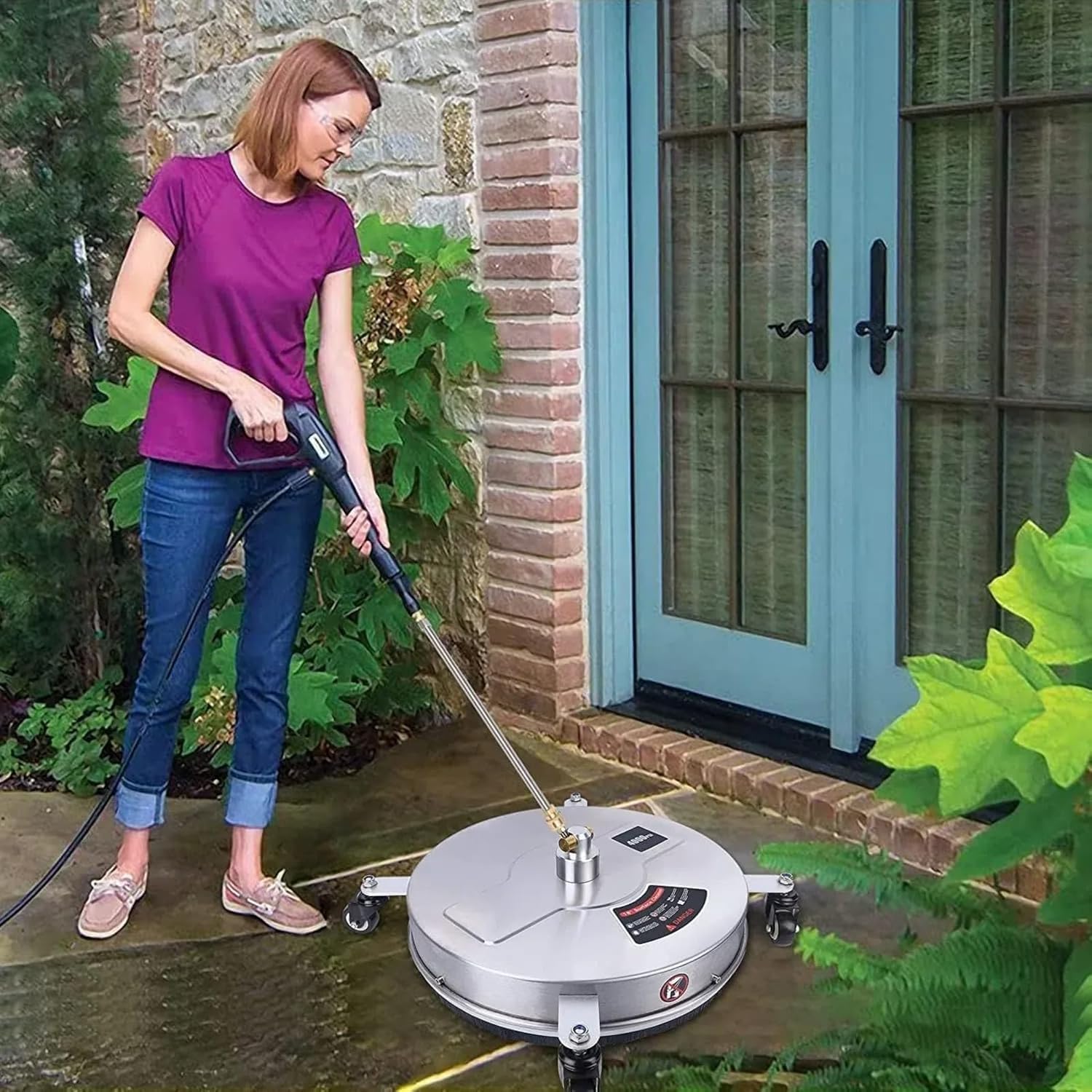 Limpiador de superficies de alta presión de 39 cm con 4 ruedas, carcasa de acero inoxidable y conector rápido de 1/4 pulgadas, accesorio para limpiador de alta presión con 2 varillas de extensión, 2