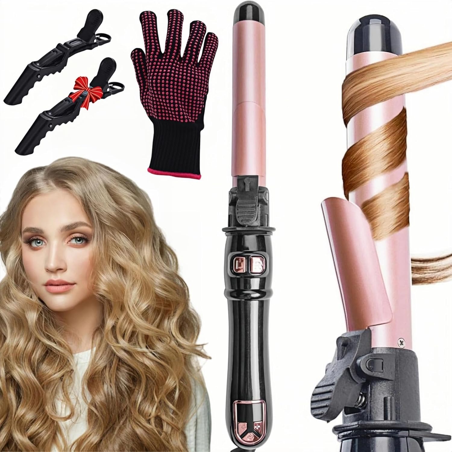 Yehpoar Automatic Curling Iron Rotating with Glove, 28 mm Curling Wand with Temperature Setting Hair Curler Styling Iron Ceramic Tourmaline Twister Machine, Waver Tool for Medium/Long Hair (Rose Gold)