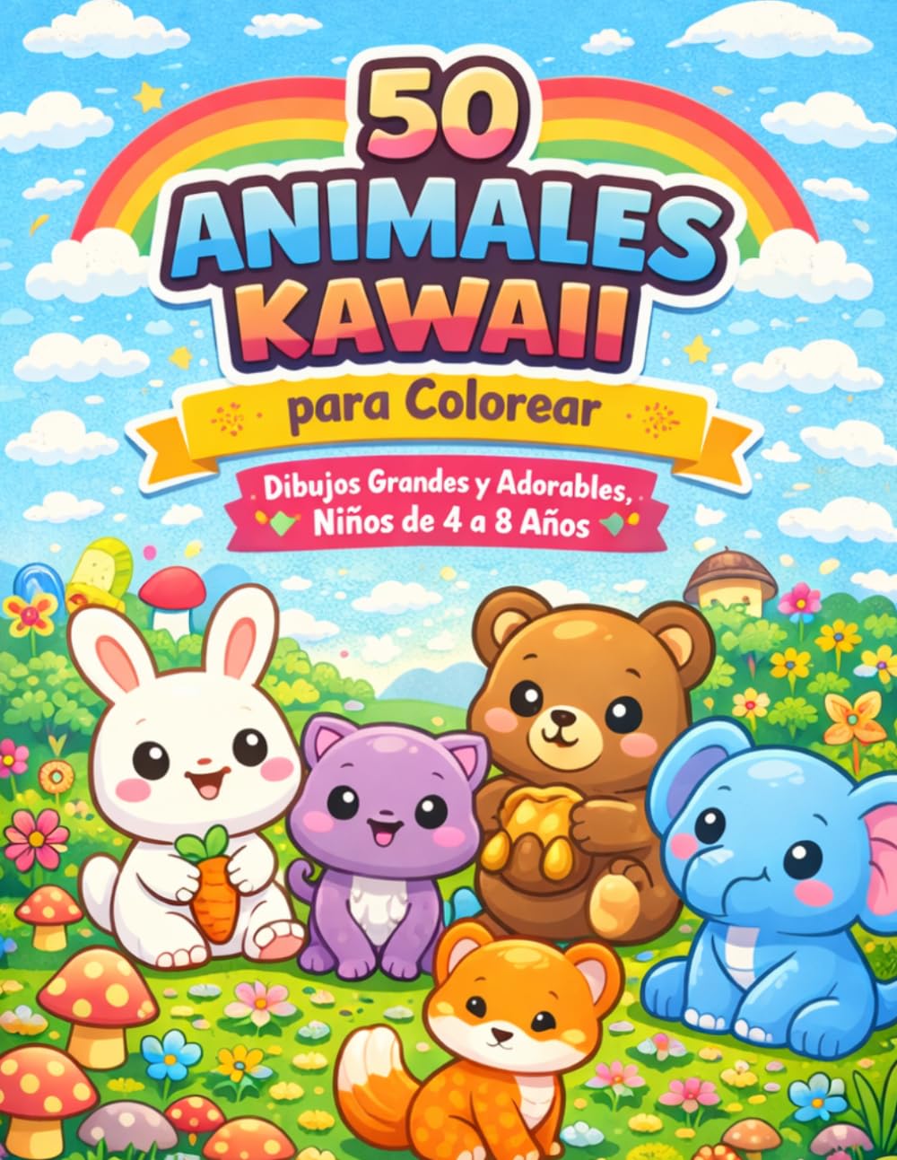50 Animales Kawaii para colorear: Dibujos grandes y adorables ,niños de 4 a 8 años