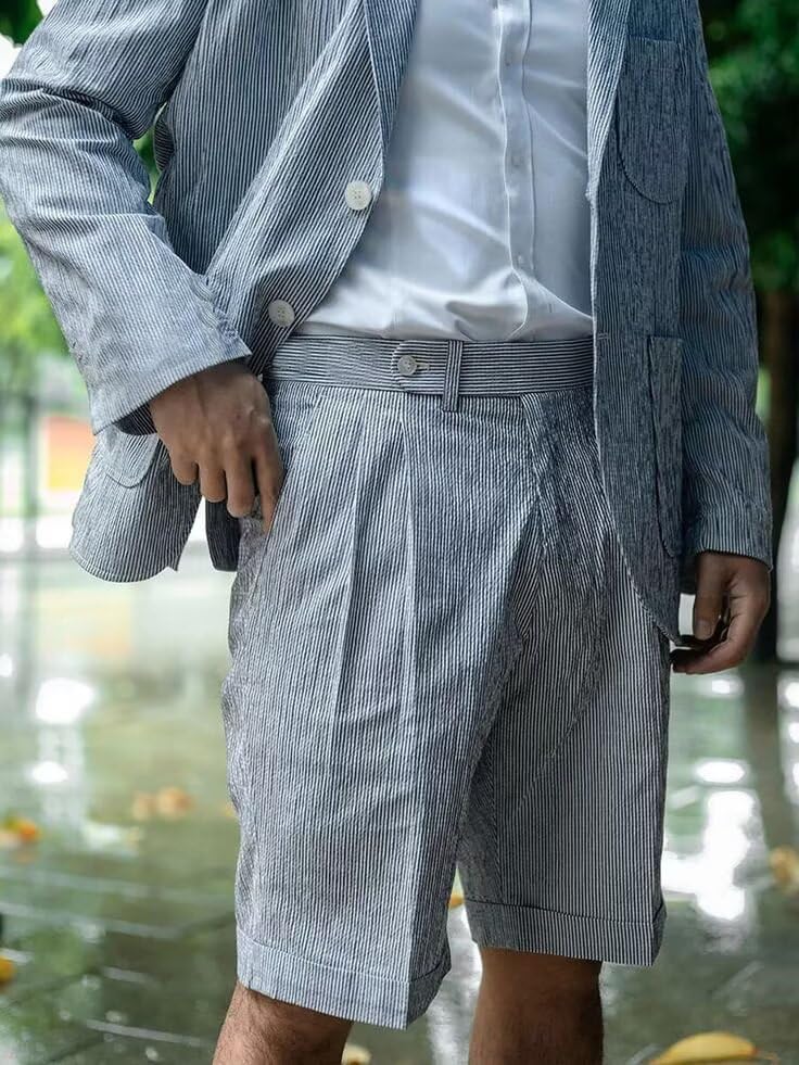 Men's Seersucker 2 Piece Suits Casual Summer Tuxedo Suit Set for Men Striped Slim Fit Beach Wedding Prom Jacket Blazer Shorts3