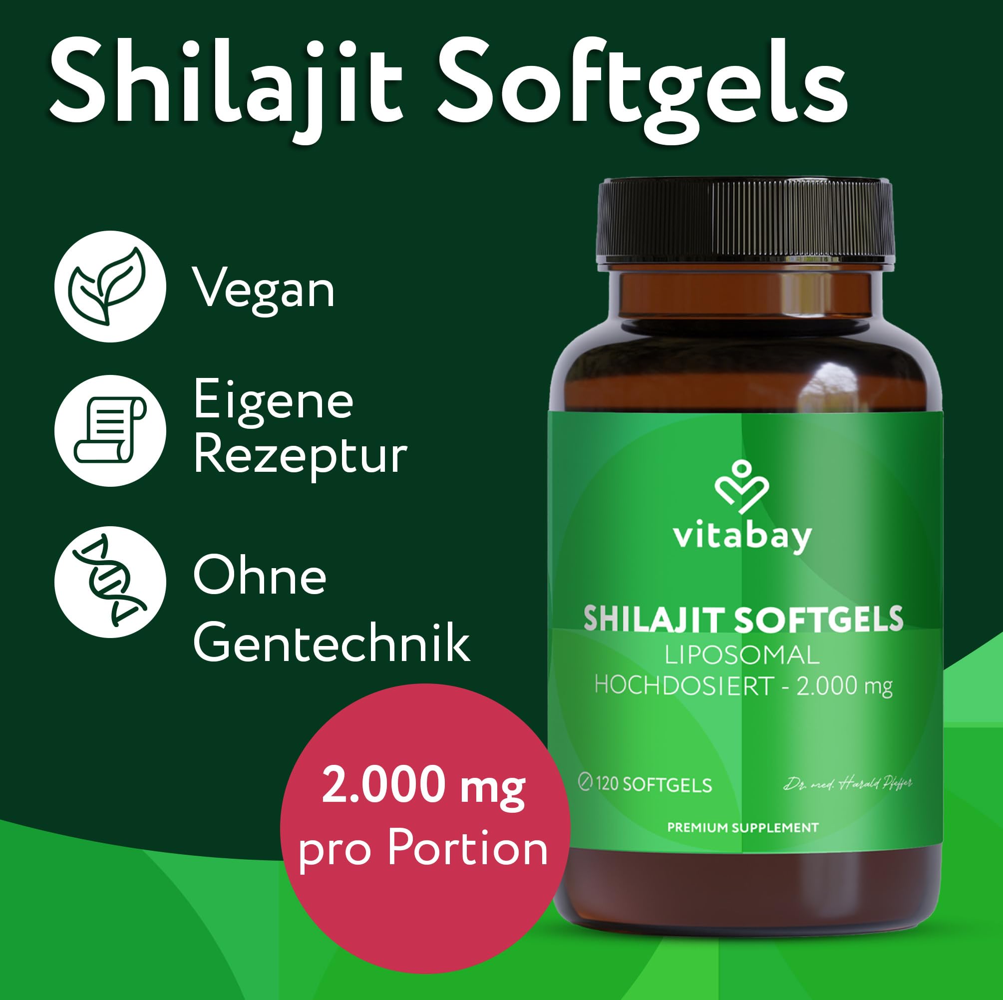 Vitabay Mumijo Shilajit Kapseln – 120 vegane Softgels – hochdosiert mit 2.000 mg liposomalem Shilajit pro Tagesdosis – 80% Fulvinsäure & 12% Huminsäure – laborgeprüft in Deutschland