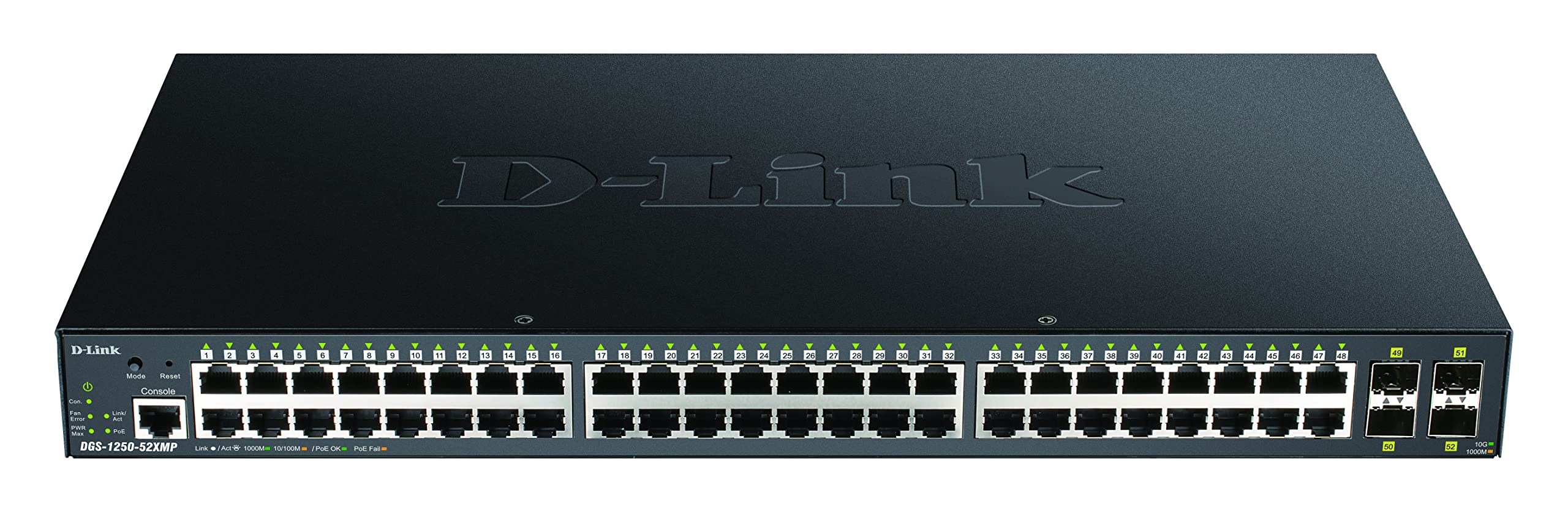 D-Link DGS-1250-52XMP/E, 52-Port Smart Managed Gigabit Switch (48x BaseT PoE+ Port, 4x 10G SFP+ Slot, 370 W PoE-Kapazität) - Nur EU-Netzkabel
