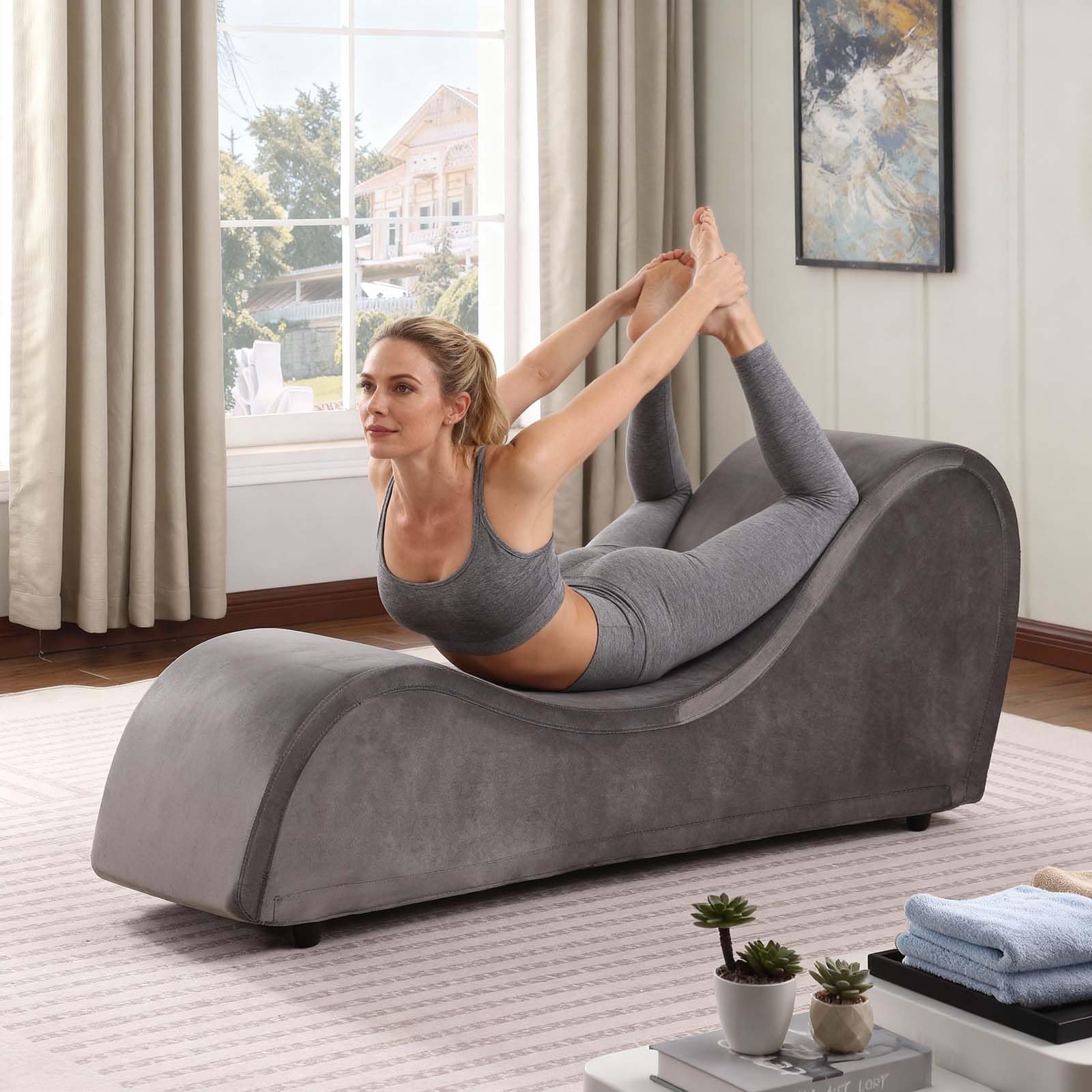 Chaise Lounge Chair with Cover, Heavy-Duty Metal Frame for Exercise, Stretching, Relaxation, Indoor Sport for Living Room(Grey Velvet): Grey