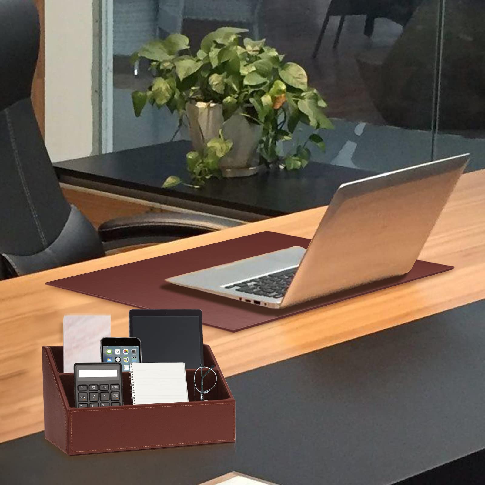 Lot de 6 organiseurs de bureau en cuir avec bloc-notes, plateau à papier, porte-revues, pot à stylos, marron