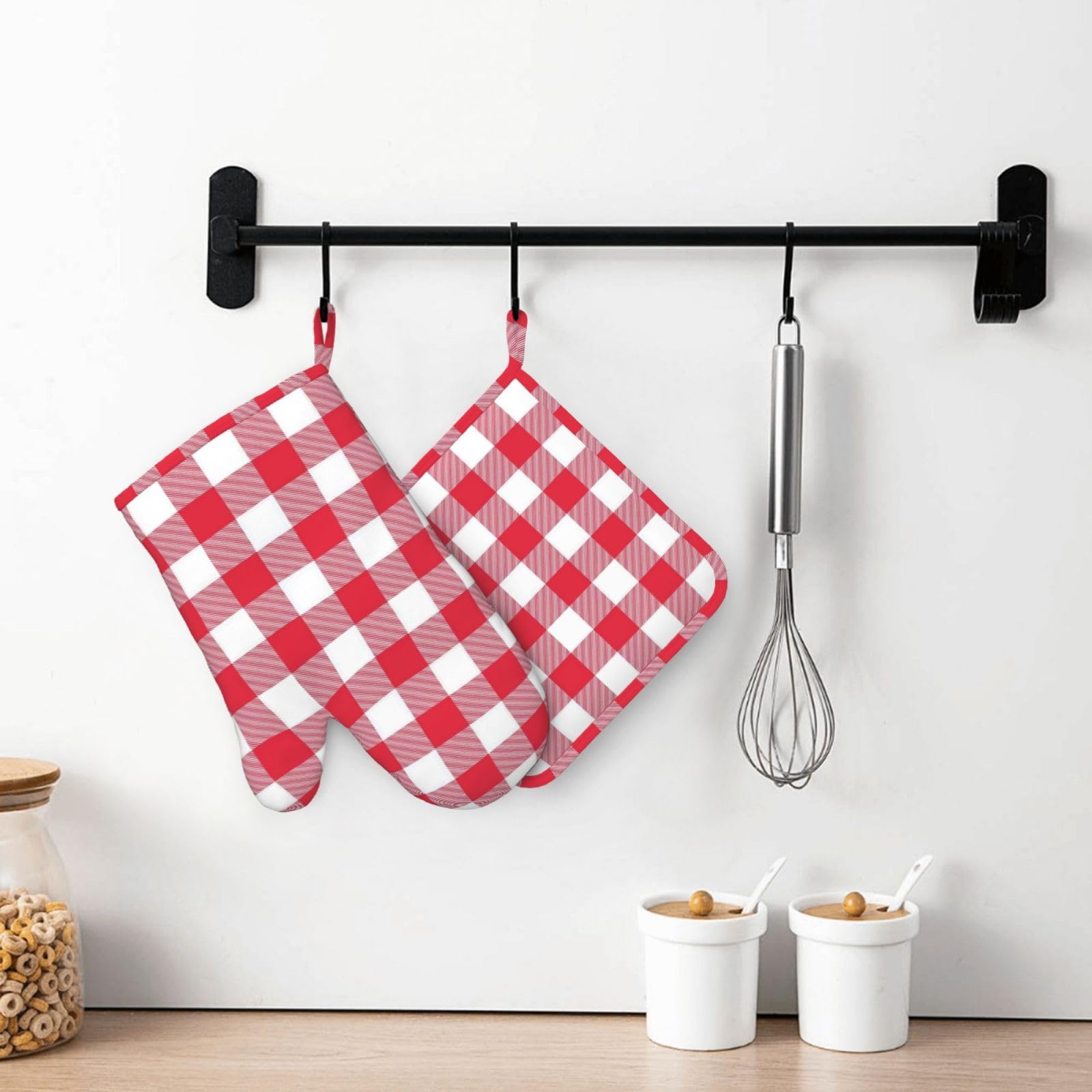 Juego de guantes de horno y agarraderas a cuadros rojos y blancos, 4 guantes de horno de silicona a cuadros rojos y blancos para cocina, guantes de horno resistentes al calor y agarraderas