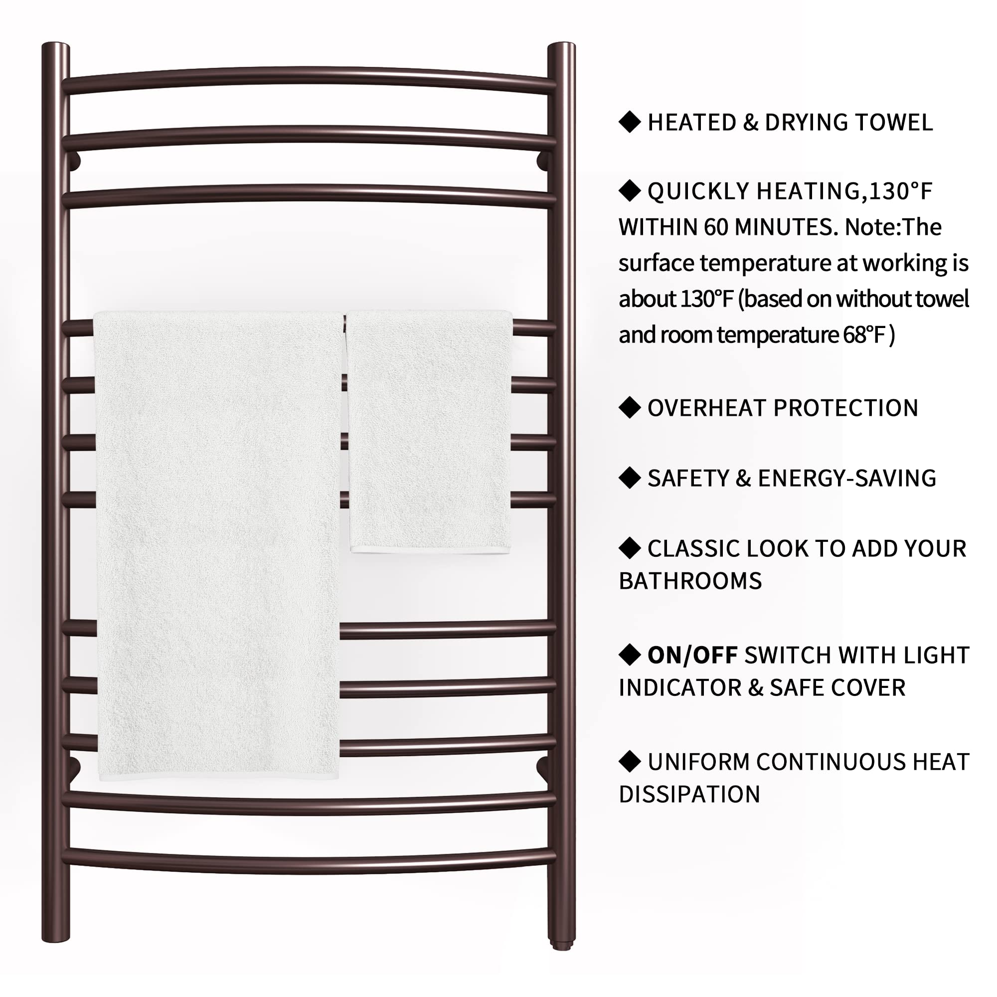 HEATGENE Towel Warmer Venetian Bronze, Electric Hot Towel Rails, Wall-Mounted Large 12 Bars Warming Towel Racks, Plug-in/Hardwired Heated Towel Rails