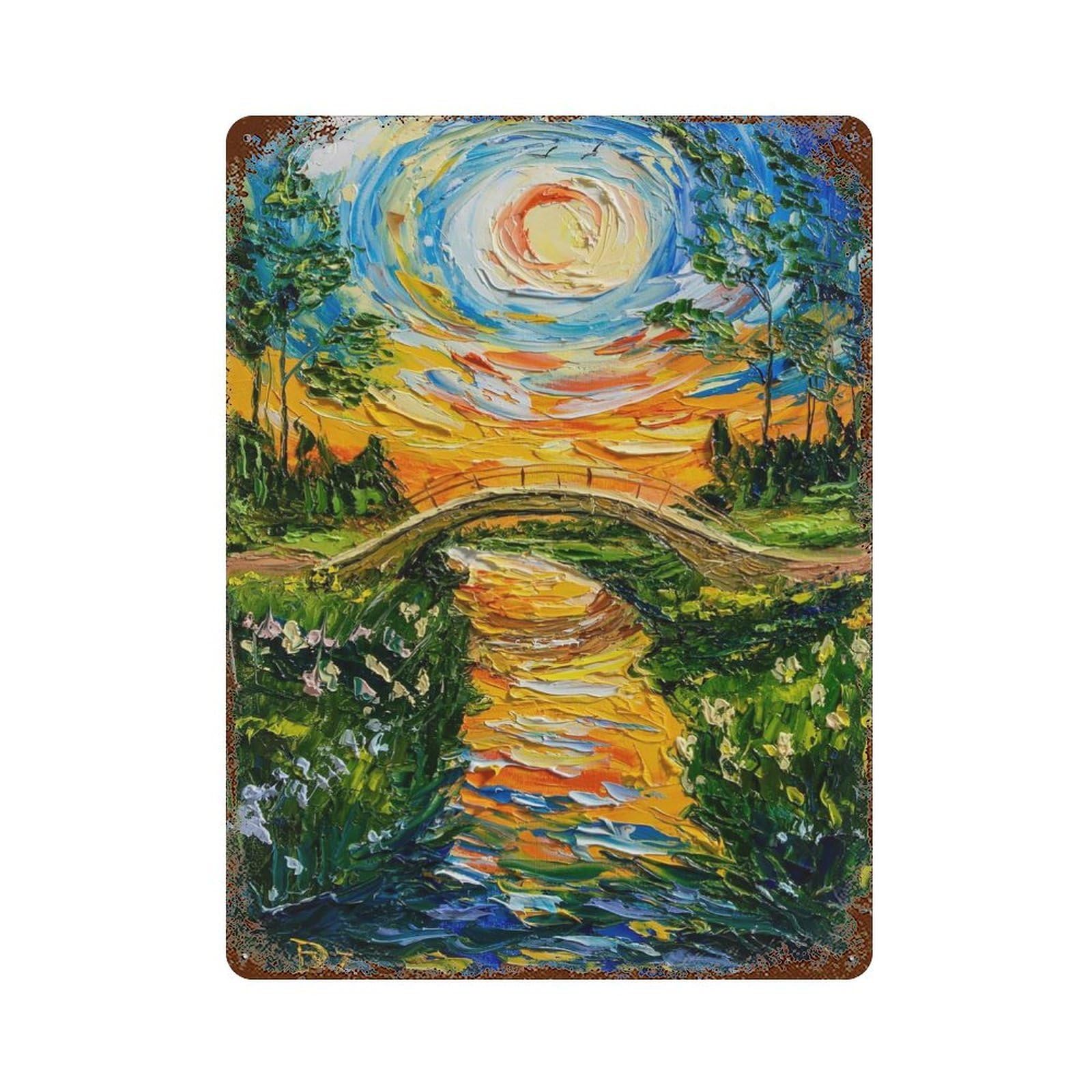 Aged Metal Wall Plaque with Embrace of The Sunset Design 15.7"x11.8", for Shed, Workshop And Garage Wall Decor, Decorative Metal Wall Art