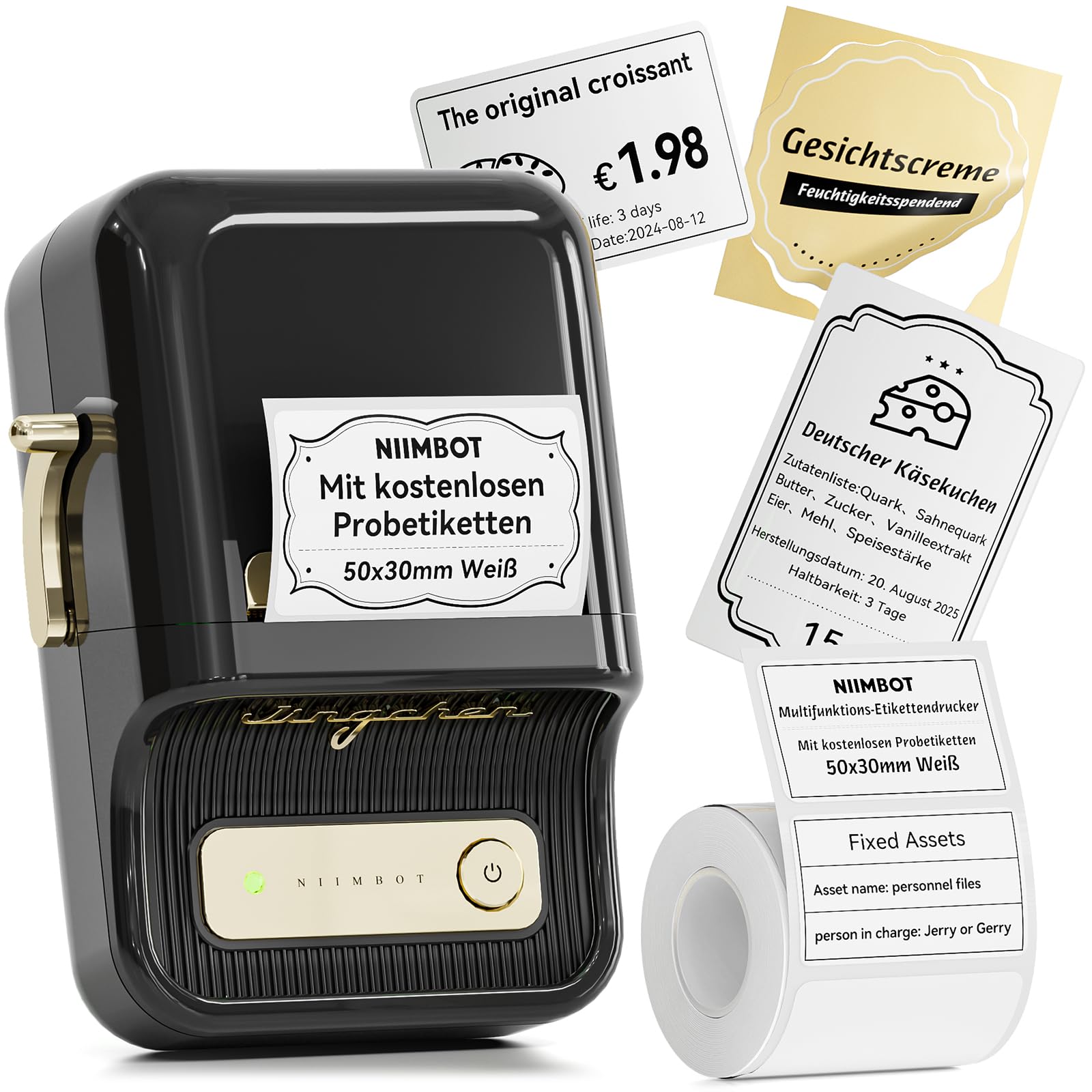 NIIMBOT B21 Etikettendrucker, Selbstklebendes Etikettiergerät Bluetooth Beschriftungsgerät Sticker Drucker Label Printer, Tragbares Label Printer für Barcode Einzelhandel Büro, Schwarz