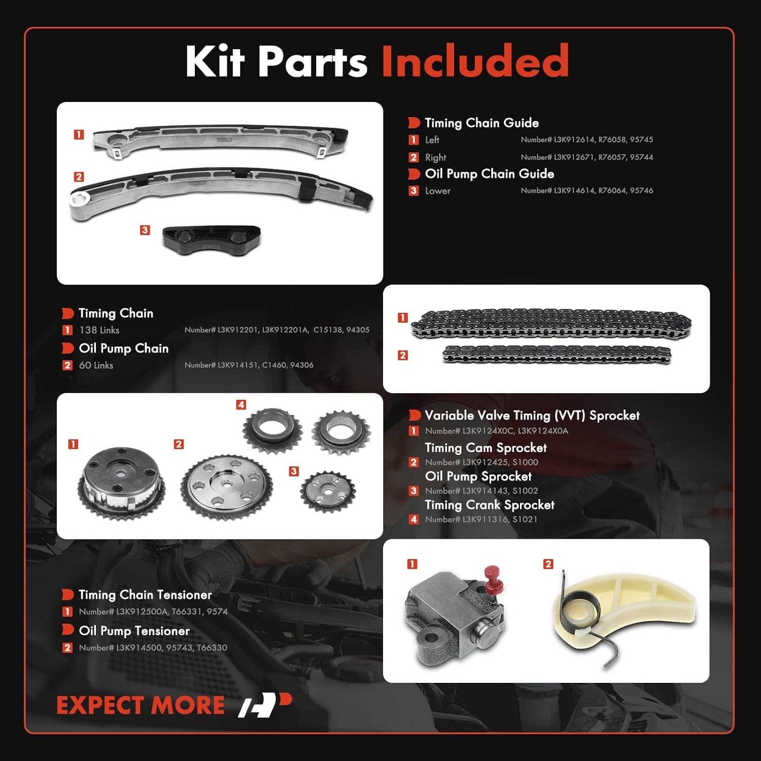 A-Premium Engine Timing Chain Kit W/ (VVT) Sprocket [fits DOHC, L4 2.3L] Compatible with Mazda 3 2007-2013, 6 2006-2007, CX-7 2007-2012, Replace# L3K912201A, L3K914151