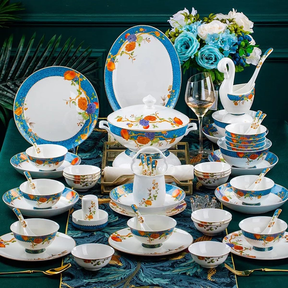60 Elementów Porcelanowego Zestawu Obiadowego Dla 10-12 Osób, Misek I Talerzy, Wzór Granatu, European Palace, Wysokiej Jakości Zastawa Stołowa, Prezent, Przybory Kuchenne