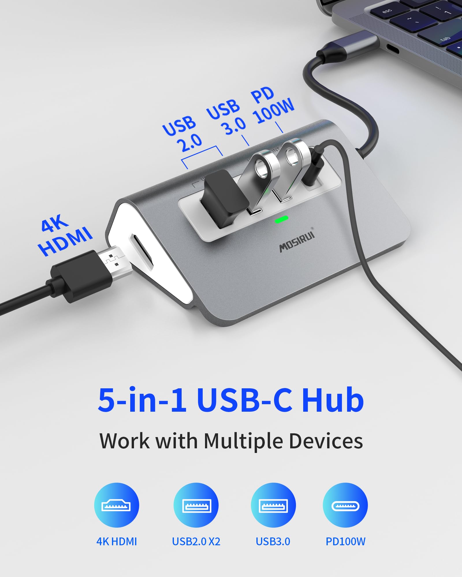 Hub USB C HDMI 4K Adattatore Multiporta 5 in 1 con USB 3.0 & 2.0,HDMI 4K,PD 100W,Type C Adapter con MacBook Pro Air,M1/M2,HP,Windows e altri dispositivi di Tipo C