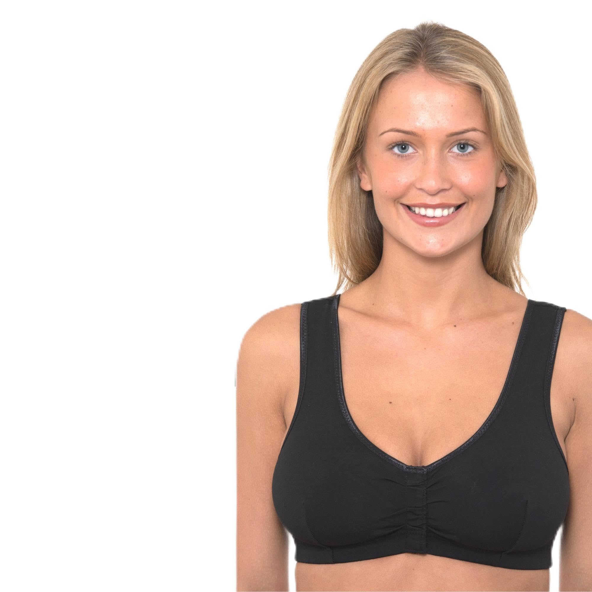 Vitality Care Women's Black Front Fastening Bra Plus Size Wireless Full Coverage Cotton Elastane Hook Loop Closure Light Support Adjustable Band Size 36