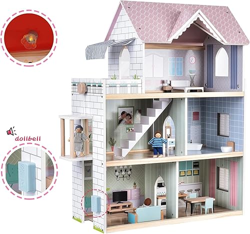 Miniatura 7 de Giant bean Casa de muñecas grande de madera rosa con muebles para niñas con timbre, luz, ascensor, 6 habitaciones de 2.6 pies de alto, 15 muebles y