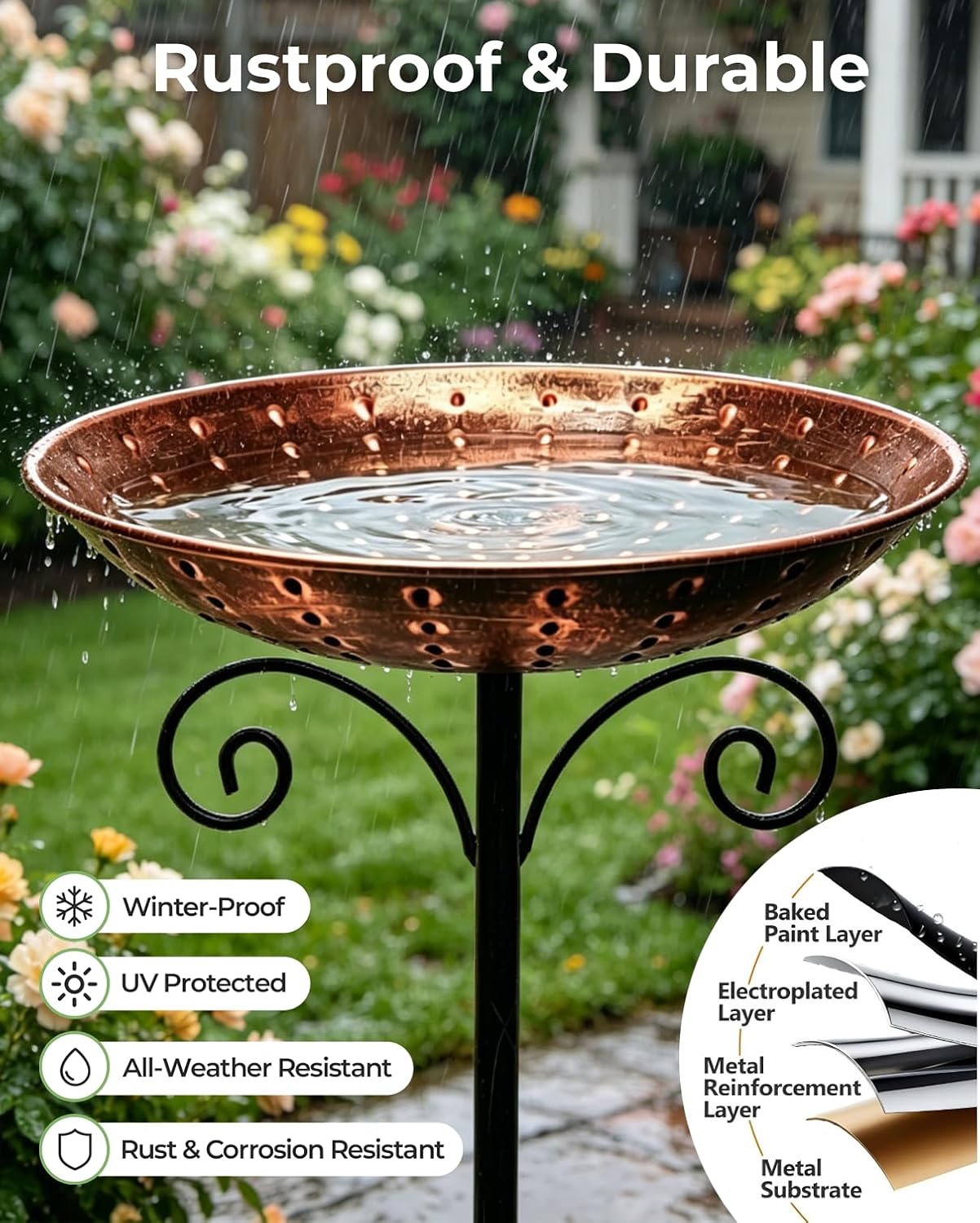 11 Inch Metal Bird Bath, Rustproof Standing BirdBath with Metal Fixing Stake, Multi Use Bird Feeder, Vintage Outdoor Decor for Garden, Lawn, Patio and Backyard