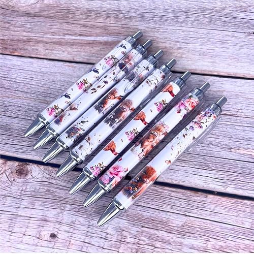 Miniatura 7 de YJ PREMIUMS 7 bolígrafos de vaca  Lindos bolígrafos con estampado de vaca de las tierras altas, flores florales, kawaii, estéticas, vacas blancas y
