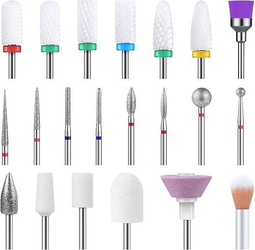 MelodySusie 21pcs Nail Drill Bit Set, Professional 3/32'' Ceramic Diamond Carbide Acrylic Gel Nail Art Tool Kit, Cuticle Remover Bit for Acrylic Gel Dip Powder, Nail Manicure Pedicure, Salon Home