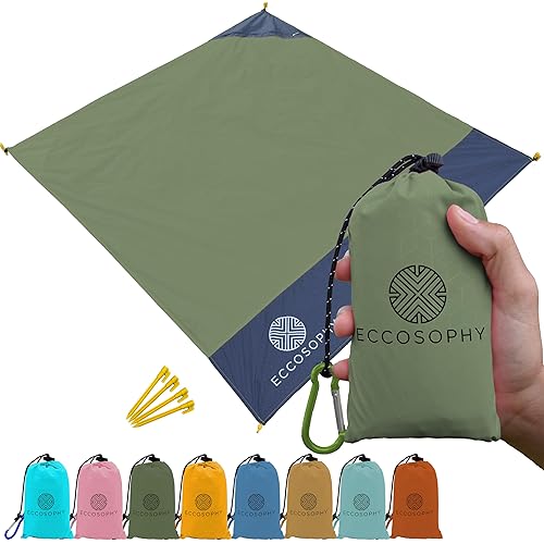 ECCOSOPHY Sand Proof Beach Blanket - Waterproof Picnic Blanket 60x55-Outdoor Compact Pocket Blanket-Lightweight Ground Cover for Hiking, Camping, Festivals, Sports, Travel-with Bag & Stakes (Olive)