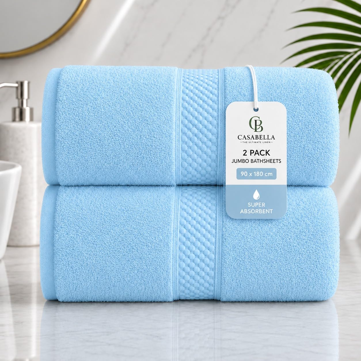 Casabella CB 2 Piece Jumbo Bath sheets 100% Combed Cotton Extra Large Bath Towel bale set super Absorbent Soft Crystal Blue 2 Pack 90X180 CM Bath sheets Extra Large Bathroom Set Beach Towel — image 1