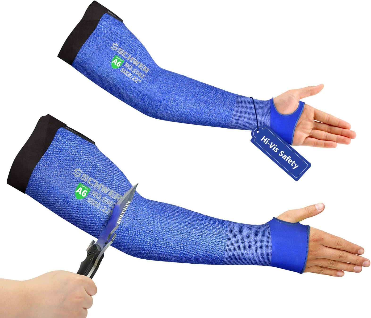 Schwer ANSI A6 Cut Resistant Sleeves, 22 inch Protective Arm Sleeves with Thumb Hole for Arm Work Protection, Arm Guards for Gardening, Cutting Metal, Repairing, Kitchen, Pet Grooming (1 Pair, Blue)
