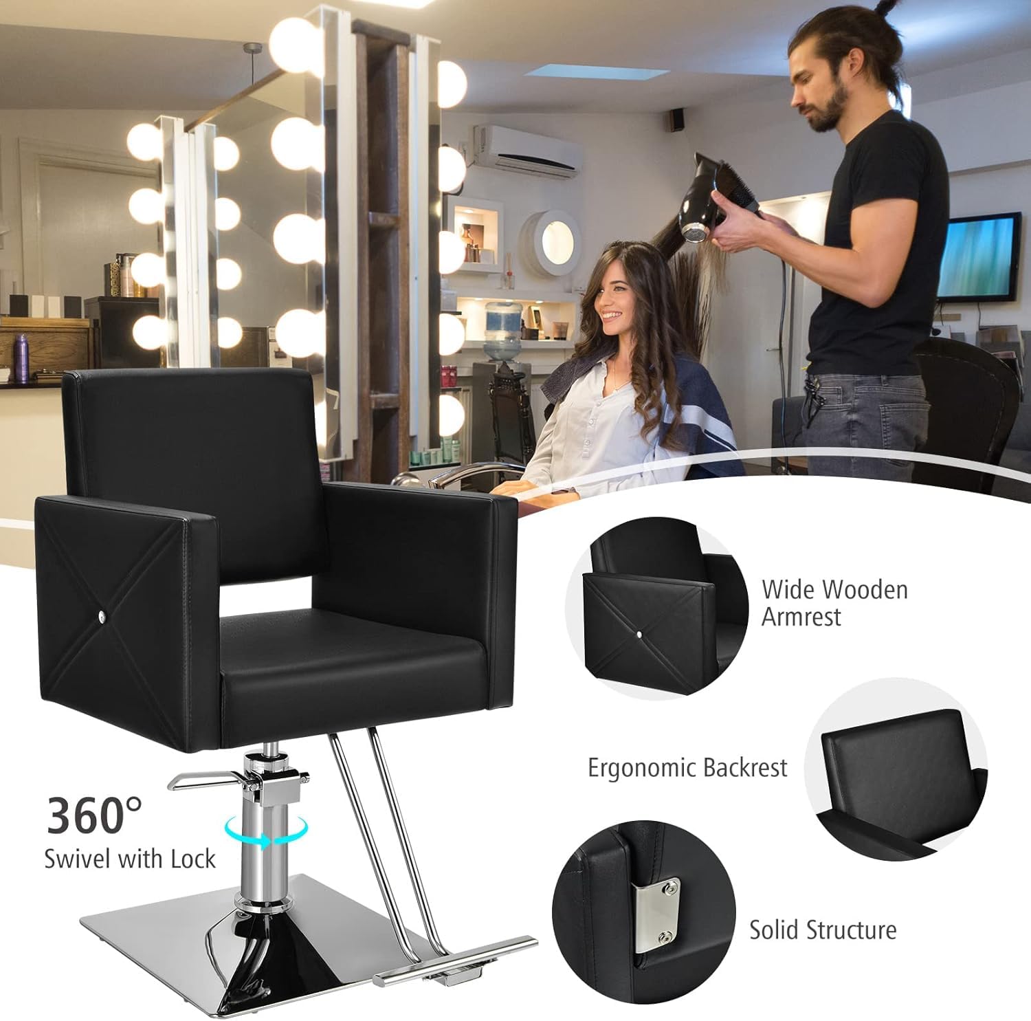 Poltrona da Parrucchiere Sedia da Barbiere,Girevole a 360°,per Parrucchiere Salone di Bellezza Tatuaggi (Nero-1) - 5