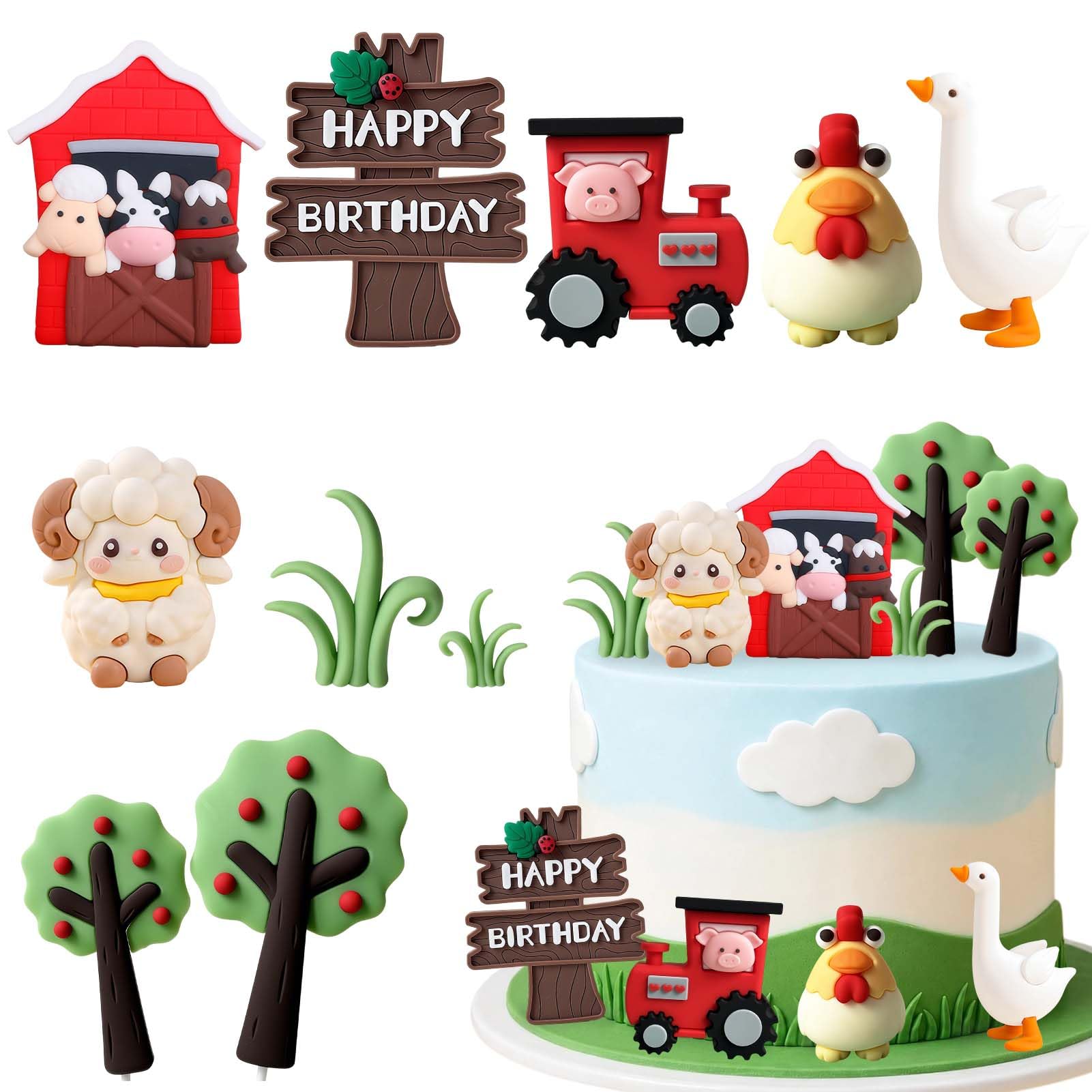 Farm Cake Topper 10PCS-3D Farm Cake Decorations Cute Animal Figures with Grass and Shed – Farm Animal Cake Decor Birthday Baby Shower Cake Decoration