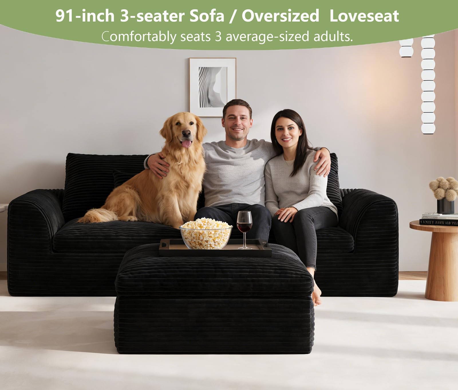 Boneless Couch 91" Cloud Sofa 3-Seater Sectional Couches for Living Room, L-Shape Sofa with Ottoman, Comfy Flannel Fabric Oversized Loveseat Recliner Lounge Chaise with 2 Throw Pillow (Black)