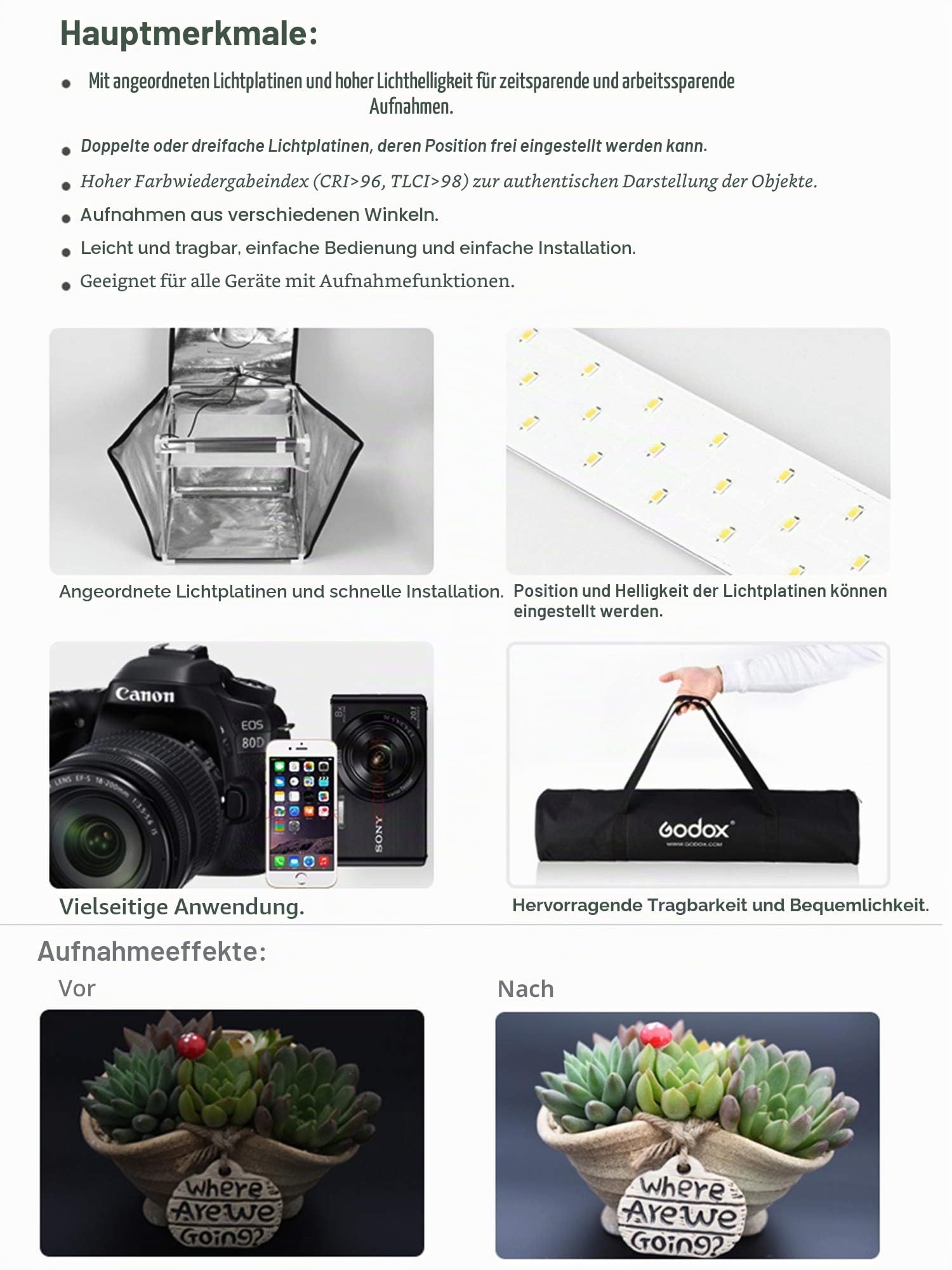 Godox Portable Triple Light LED Ministudio - 80x80x80cm - Professionelle Fotostudiobeleuchtung, Produktfotobox, Mini-Fotostudio für Produktfotos