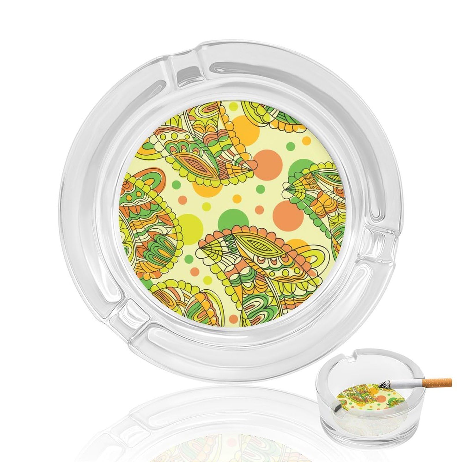 Colorful Mandala Patte Glass Ashtray 3.3 Inch Round Cigarette Ash Holder with 4 Grooves for Home Office Outdoor One Size