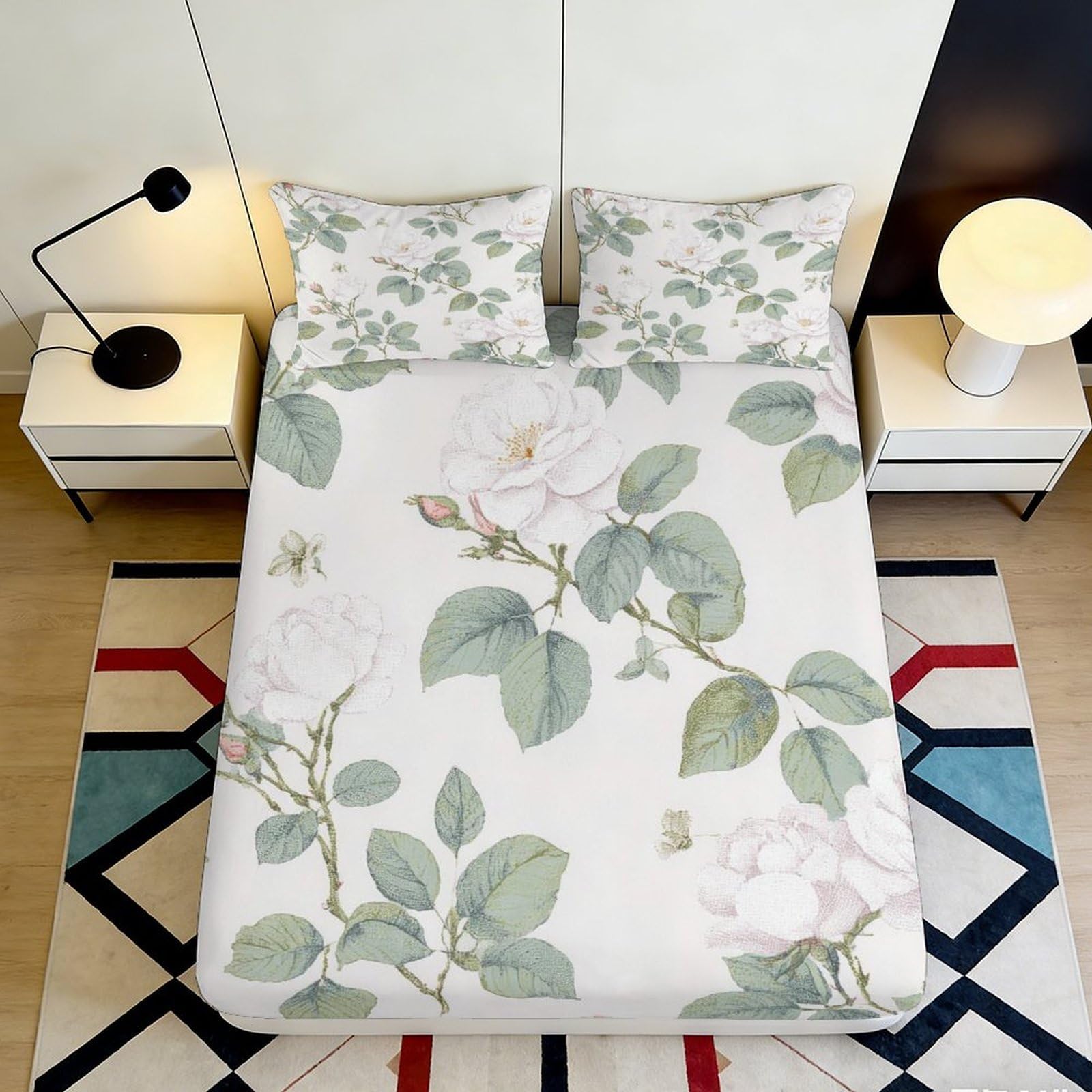 3D Printed Botanical Floral Fitted Sheet Microfiber Deep Pocket Non-Slip Floral Mattress Fitted Cover Washable Bedding for All Ages 180x200x25cm