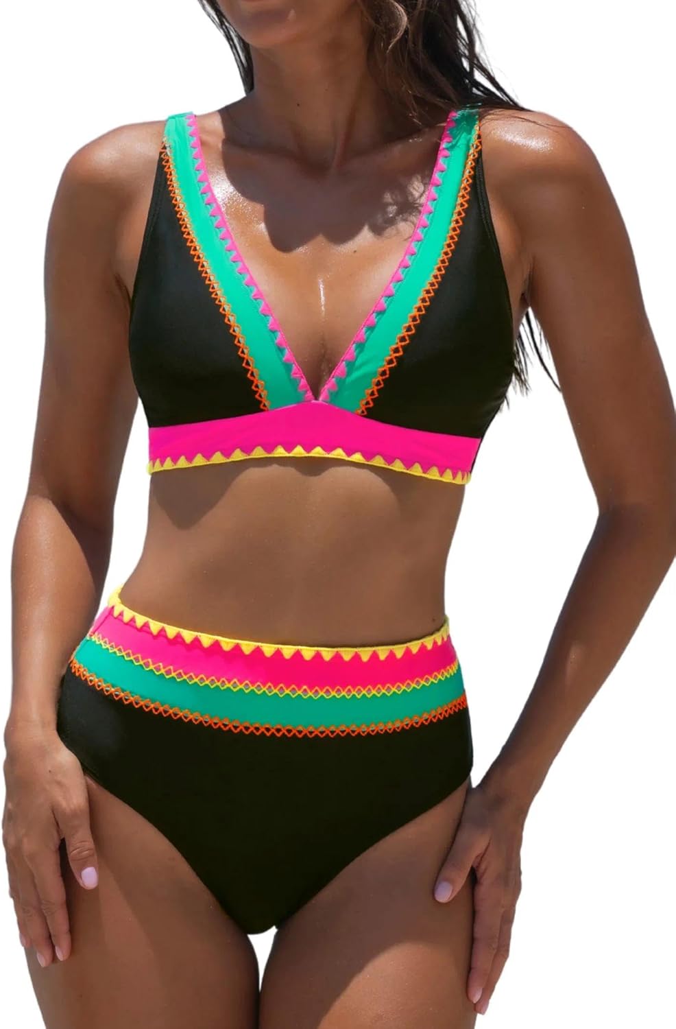 popvil High Waisted Bikini Sets for Women Two Piece Swimsuit Neon Bathing Suits V Neck Full Coverage Swim Suits 2026