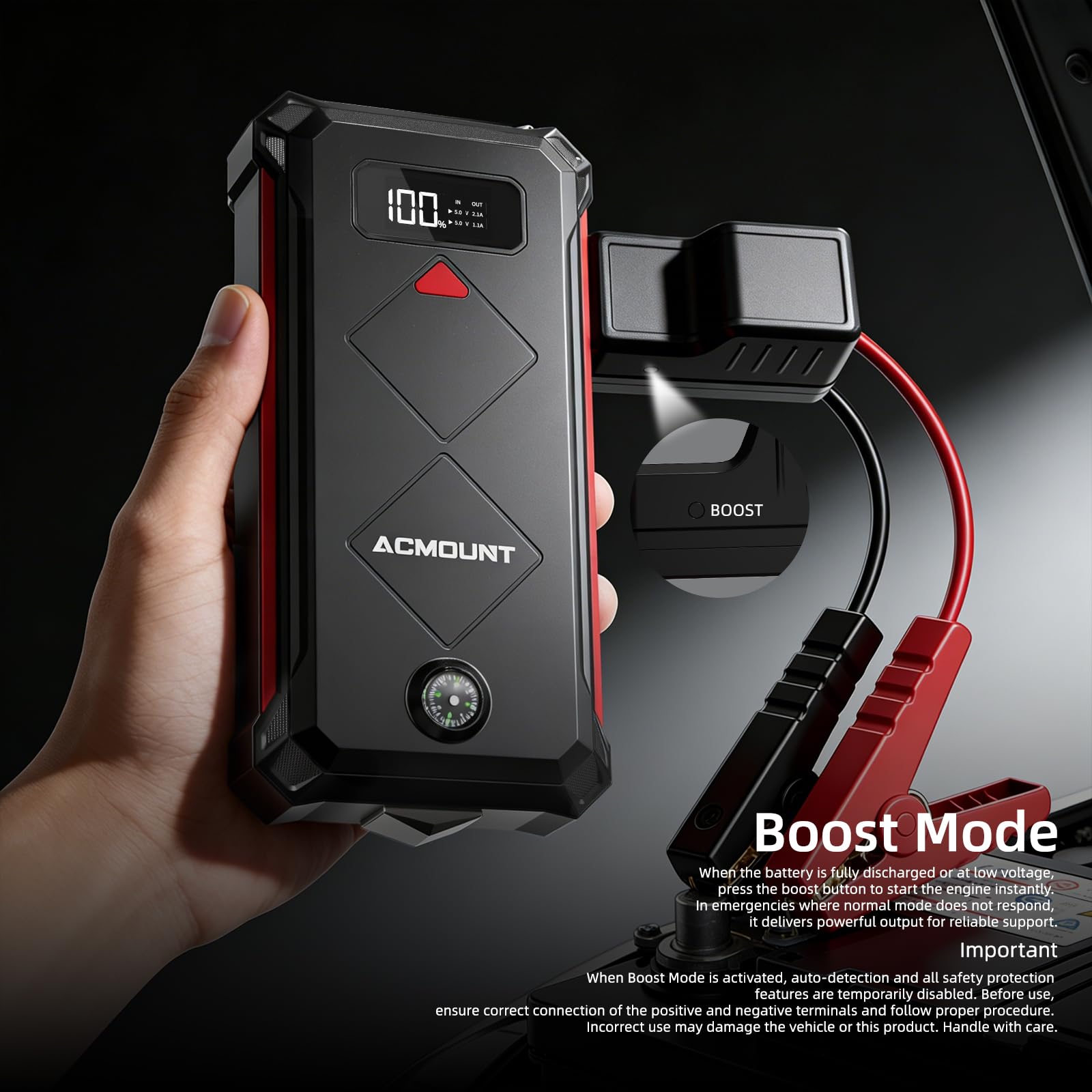7000A Jump Starter Power Bank, 23800mAh Rozrusznik Samochodowy, Przenośny Wzmacniacz Baterii 12 V(Do 12L Benzyna/10L Diesel) Booster Baterii z Latarką LED, Kablami Rozruchowymi, USB i Kompasem
