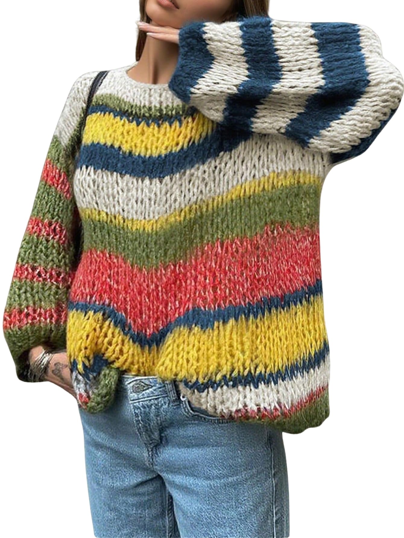 Verdusa Womens Striped Oversized Sweaters Colorful Cozy Drop Shoulder Pullover Knit Tops Winter Clothes