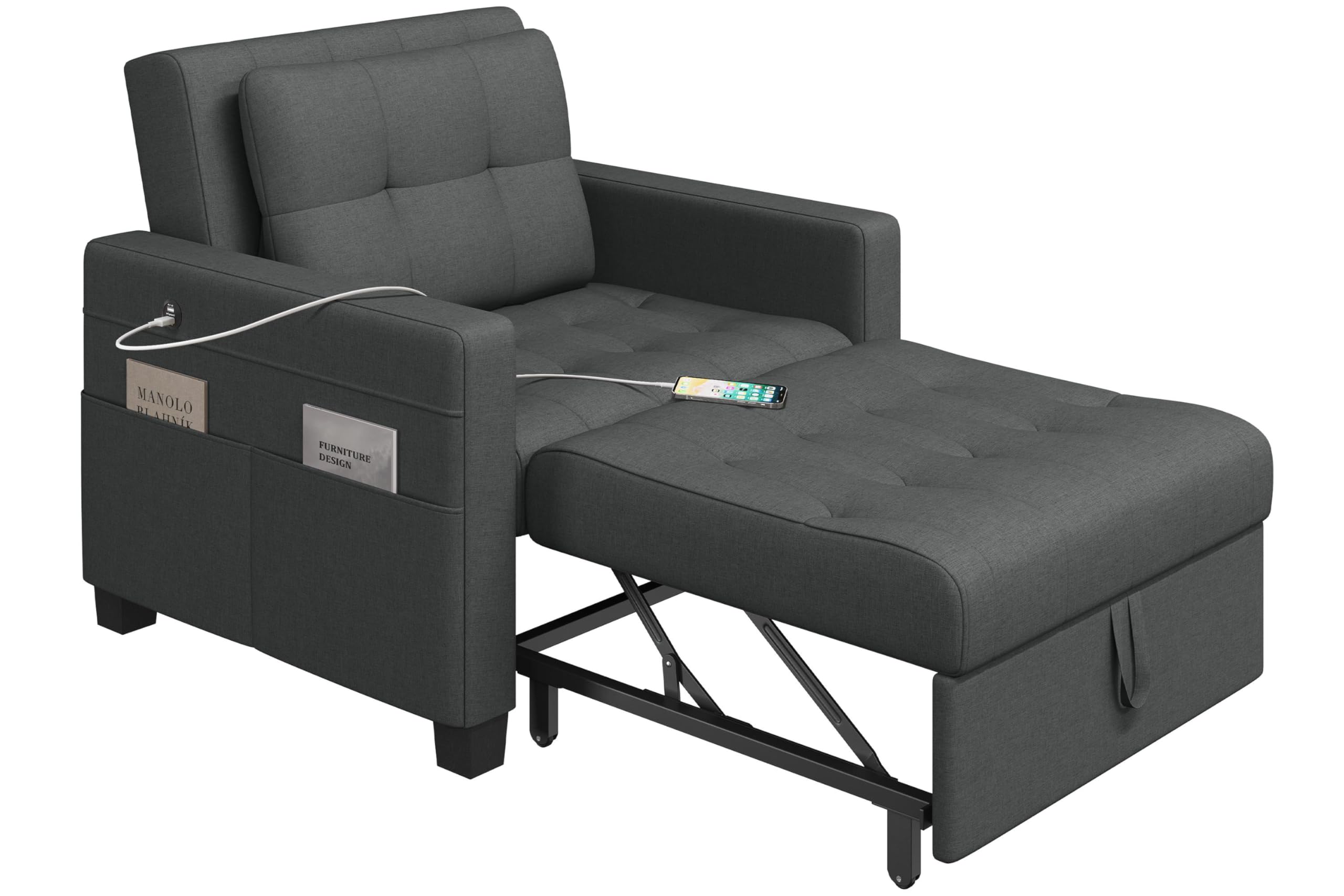 Yaheetech Sleeper Sofa Bed Convertible Chair Bed 3 in 1 Pull Out Sofa with Adjustable Backrest USB and
