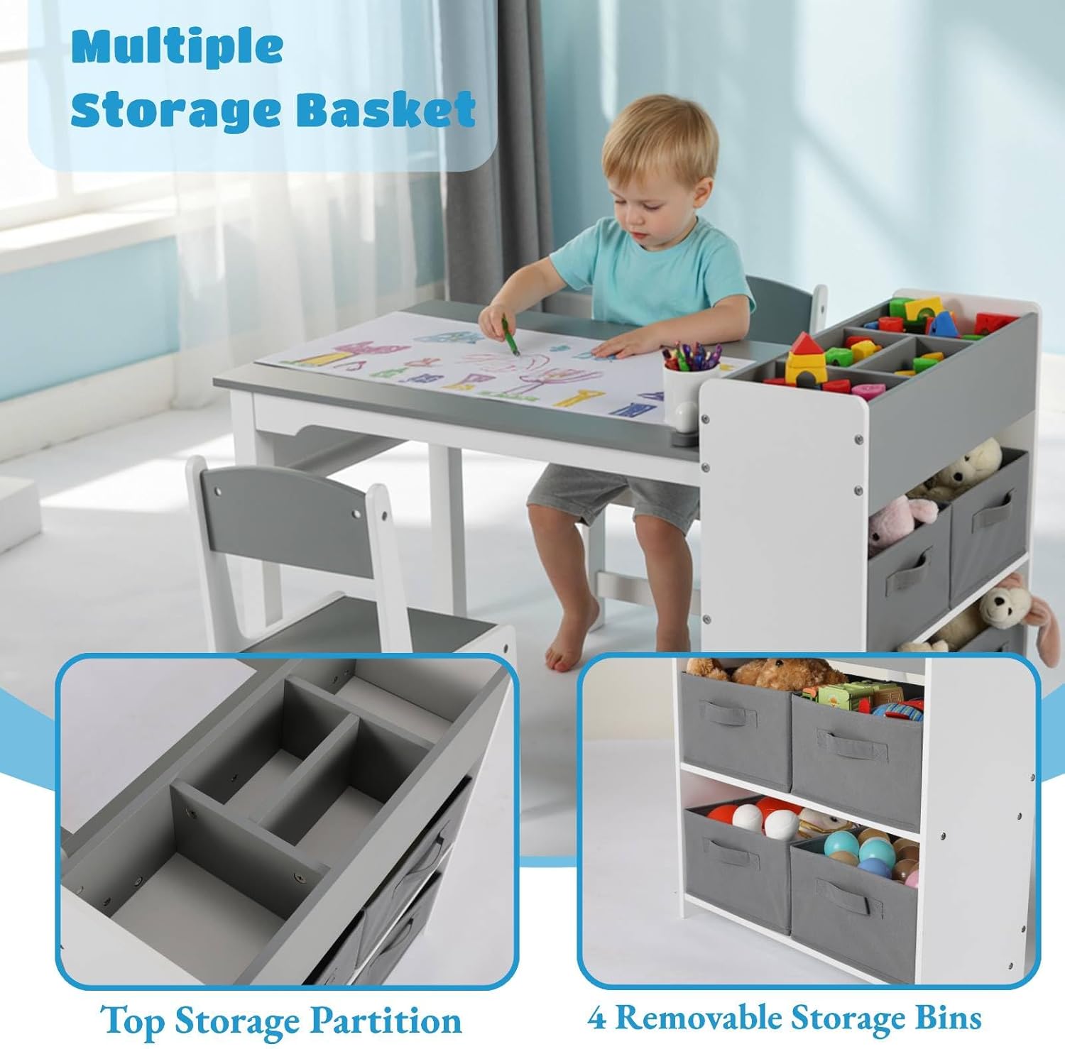 Arlopu Kids Art Table and 2 Chairs Set, Large Size Toddler Wood Activity Table, Sturdy Drawing Desk with Large Storage, 4 Bins, Paper Roll for Children Painting, Reading (Grey)