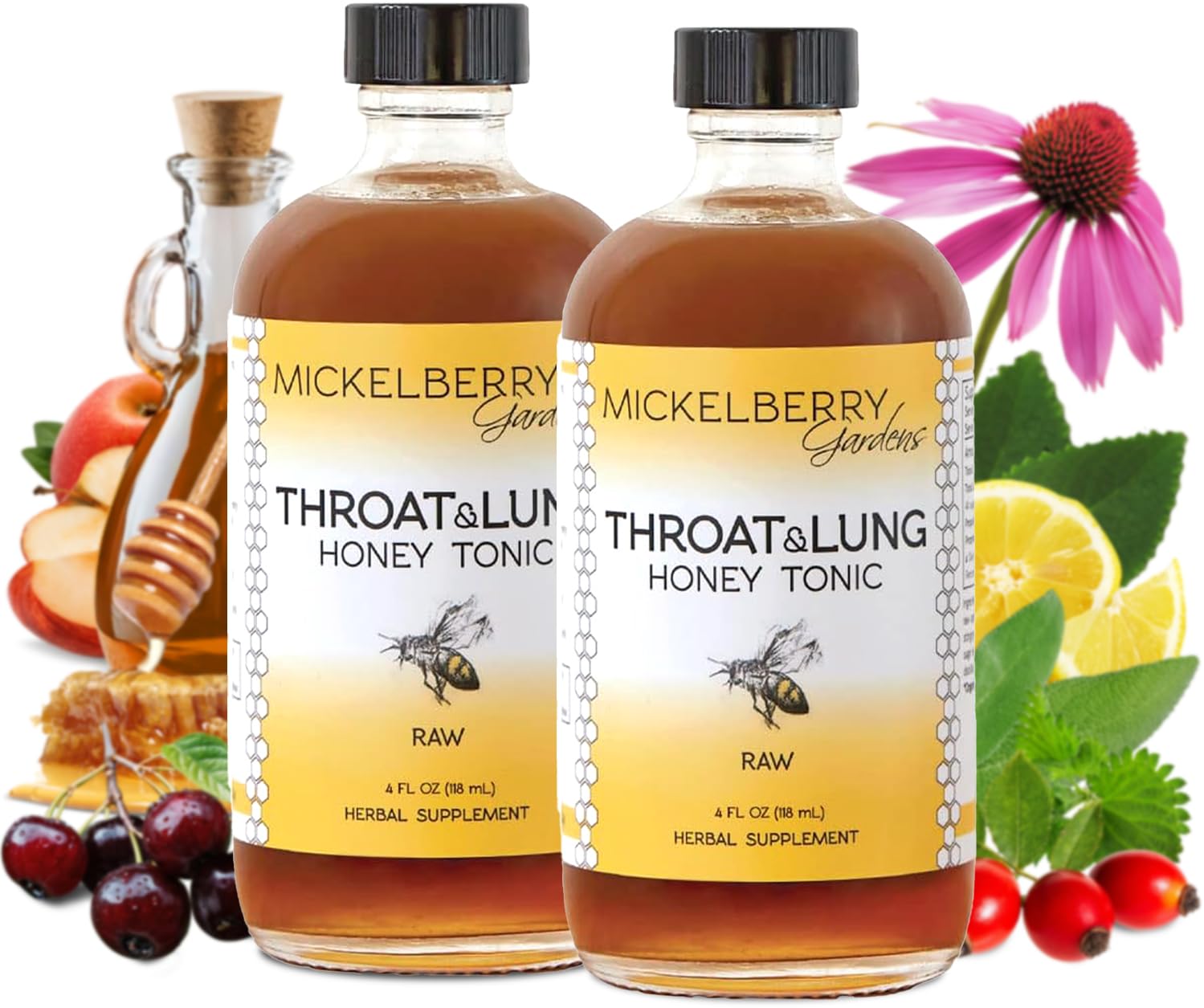 Mickelberry GardensThroat & Lung Honey Tonic: Wellness Syrup, Natural Sore Throat Relief, Immune Support & Cough Suppressant for Adults & Kids (4 oz, 2 Pack)