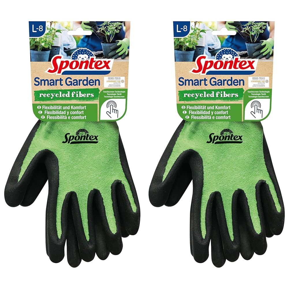 Spontex Smart Garden Gartenhandschuhe, Touchscreen kompatibel, aus recycelten PET-Flaschen, mit Nitrilbeschichtung, Größe L, 1 Paar (Packung mit 2)