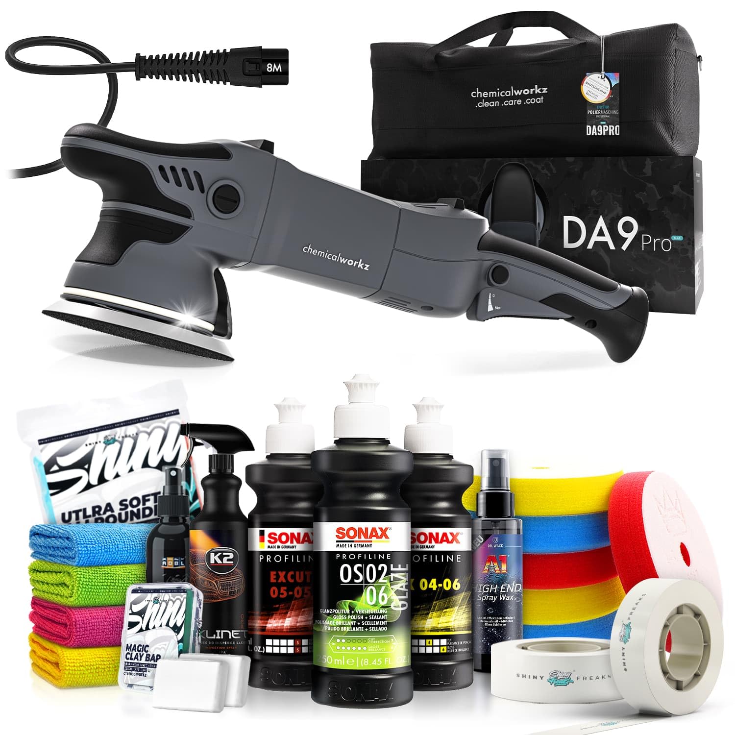 Poliermaschinen Set: chemicalworkz DA9 Pro Max Exzenter Poliermaschine + Sonax Politur Set + Royal Pads Premium Polierpads + Dr. Wack Versiegelung für Lack + Zubehör | 20-teilig