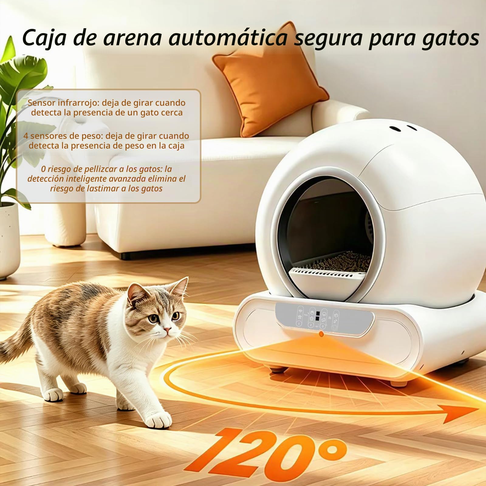 Arenero Automatico 74 L con Sistema Seguridad Avanzado | Desodorizante, Controlado por Aplicación con Alfombra Arenero Gato 6 Rollos Bolsas Basura, 2 Filtros para Varios Gatos